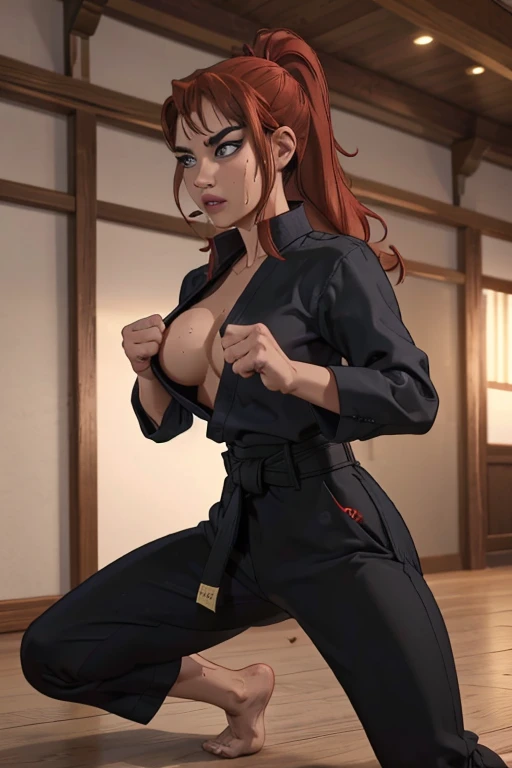 A beautiful woman, ((martial art))), masterpiece, top quality, ultra detail,((masterpiece, best quality, ultra-detailed, very fine 8KCG wallpapers)), 1girl, solo, huge breasts, long wavy messy red hair,wet , sweating, red hair, ponytail,crystal blue eyes, dougi, long sleeves, martial arts belt, black pants, barefoot, dojo, fighting pose , seiza, nice hands, perfect hands, black karate costume black