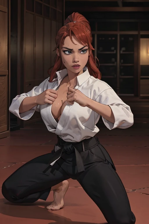 A beautiful woman, ((martial art))), masterpiece, top quality, ultra detail,((masterpiece, best quality, ultra-detailed, very fine 8KCG wallpapers)), 1girl, solo, huge breasts, long wavy messy red hair,wet , sweating, red hair, ponytail,crystal blue eyes, dougi, long sleeves, martial arts belt, black pants, barefoot, dojo, fighting pose , seiza, nice hands, perfect hands, black karate costume black
