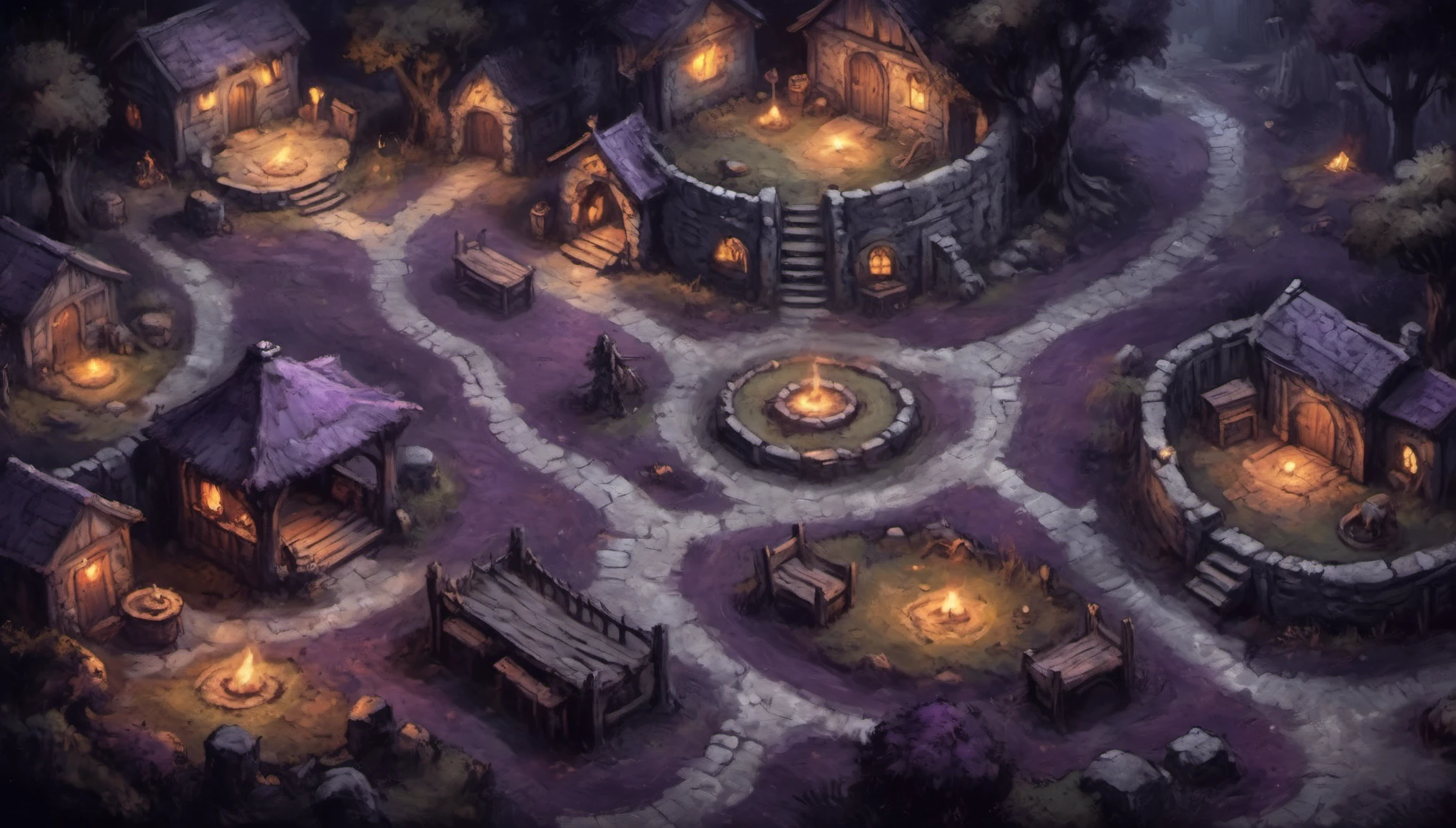 high quality, Top view of RPG battle map around well and bench D&D Fantasy Horror Night, Night Village, Dark purple ground