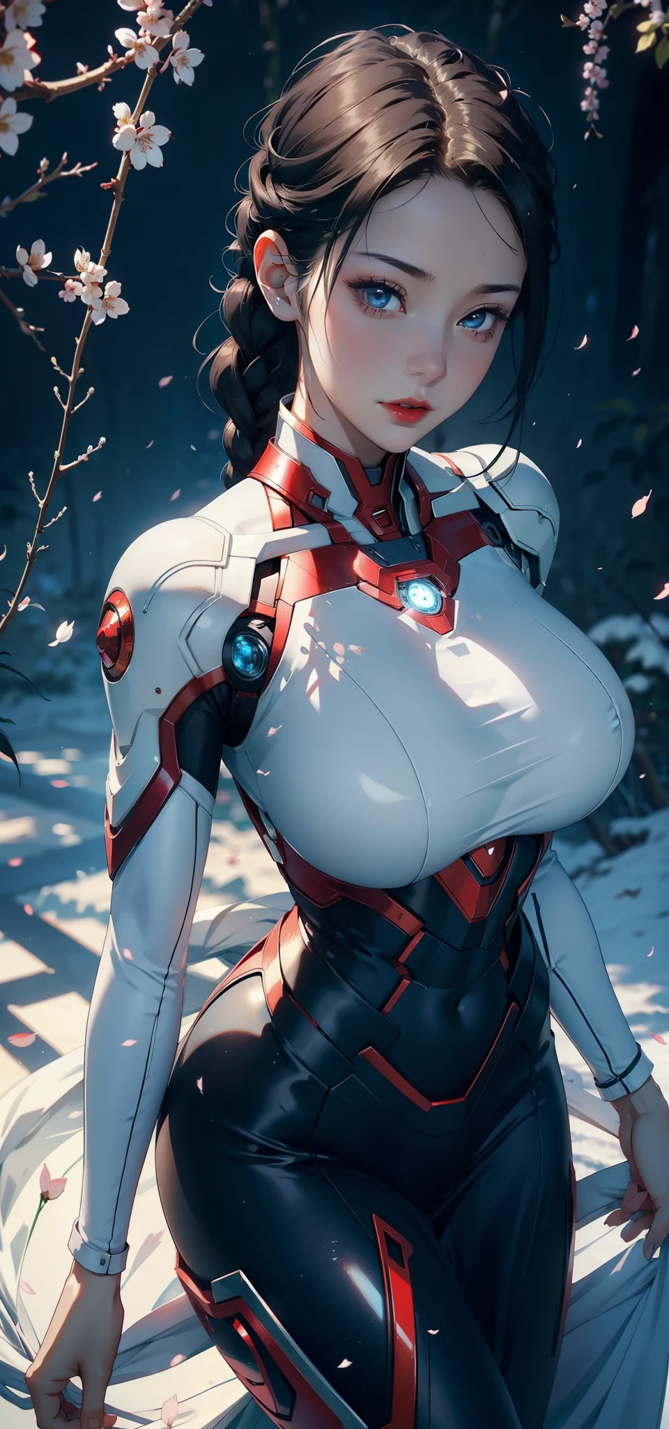 1 female，35 years old，Slim，very big ，Big breasts and thin waist，Long legs， Solitary，（background：，Cherry blossom forest，Rainforest）running， She has short black hair，Front view， twisted braid cloudy sky，（（（masterpiece），（Very detailed CG unified 8K wallpaper），best quality，Light，详细background，Beautiful and delicate eyes，Smart pupils，black eyes，Snow-white skin，Red lips（very delicate and beautiful），（Beautiful and detailed description of the eyes），Ultra Detailed，masterpiece，））Facing the camera，high resolution，Ultra Detailed），summer，Wear a futuristic Iron Man suit，Blue and red color scheme，