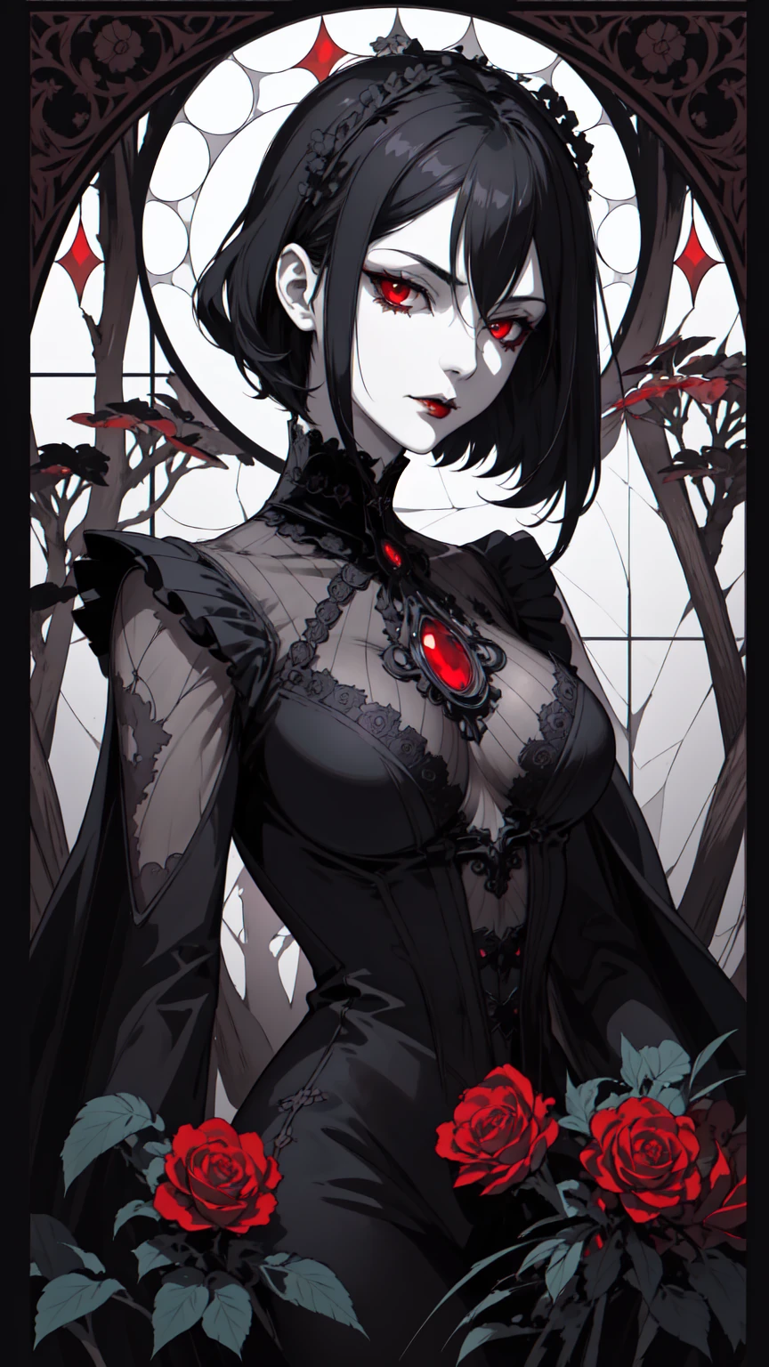 Basic Art Nouveau，Vampire woman with black hair and red eyes，short hair，（Upper body portrait），young，(((Oval face)))，Dark clothing，Soft and melancholy face，Beautifully，No wrinkles，Gothic style，Synthwave meets Art Nouveau，Bold and smooth lines，Dynamic composition of organic Art Nouveau patterns，Intricate roses and patterns intertwined with geometric shapes，Characters that embody vampires Mysterious Gothic atmosphere，Feminine but calm expression，Art Nouveau pattern dress，Digital grid landscape with natural forms，Neon-like outline effect reminiscent of stained glass，White background，High contrast，Easy to color，visual clarity，French Art Nouveau，80s vaporwave art style。Maximum details，