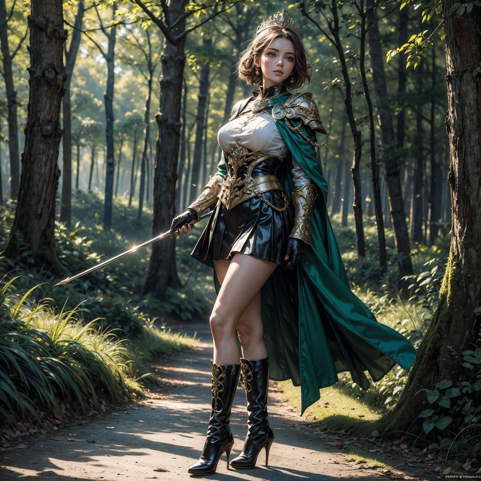 (A tall 17 years old girl with long legs and slender body), (standing pose), (body facing to the viewer), (centered image), (short hair), (tutututu), (high heel boots:1.3),full big breasts,big round breasts, (1 girl), (black updo:1.2), (steel armor:1.1) royalty ornate (embroidery:0.5), skinny (Gorget Plackart pauldron :1.3), (black gloves), (mini skirt with green colors), (masterpiece:1.5) (illustration:1.1) (best quality:1.5) (extremely detailed) (intricate) (8k) (HDR) (cinematic lighting) (bright lighting) (sharp focus), standing, outdoors, grassland, forest in background, perfect lighting, smooth, hdr