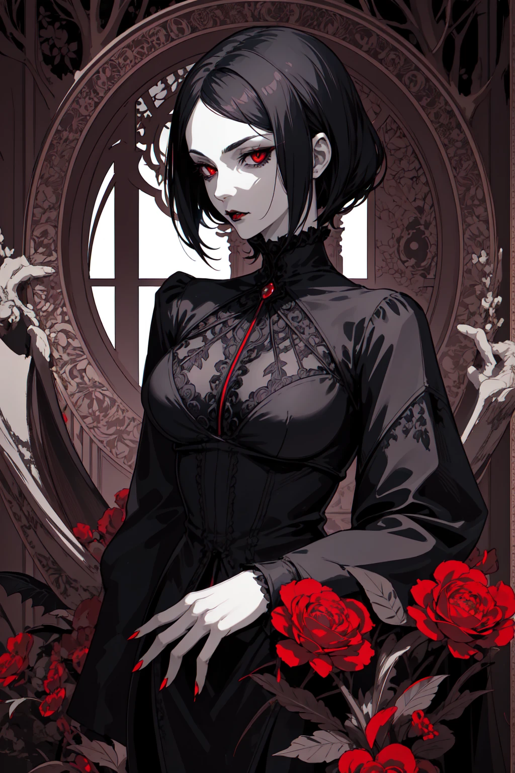 Basic Art Nouveau，Vampire woman with black hair and red eyes，short hair，（Upper body portrait），young，(((Oval face)))，Dark clothing，Soft and melancholy face，Beautifully，No wrinkles，Gothic style，Synthwave meets Art Nouveau，Bold and smooth lines，Dynamic composition of organic Art Nouveau patterns，Intricate roses and patterns intertwined with geometric shapes，Characters that embody vampires Mysterious Gothic atmosphere，Feminine but calm expression，Art Nouveau pattern dress，Digital grid landscape with natural forms，Neon-like outline effect reminiscent of stained glass，White background，High contrast，Easy to color，visual clarity，French Art Nouveau，80s vaporwave art style。Maximum details，