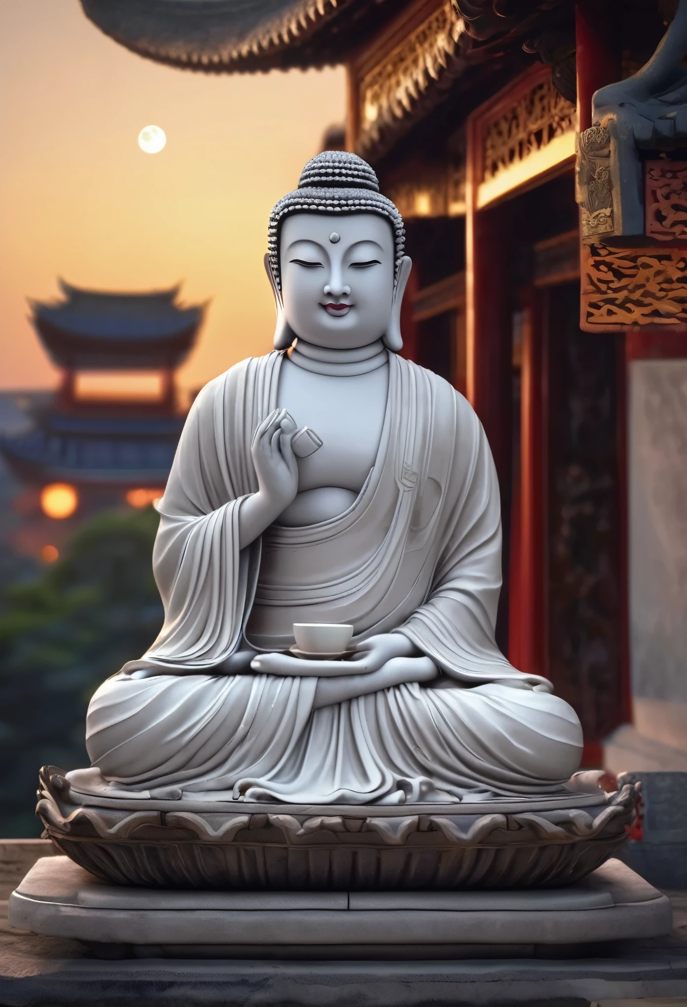 A Buddha drinking Starbucks coffee. a traditional Chinese-style white marble Buddha sits quietly on the roof. Sitting on the roof of an ancient Chinese building,, As night falls, the stars twinkle, His face looks peaceful and peaceful in the moonlight. The image has an aspect ratio of 3:4 and a photorealistic style.,(4k,RAW photo, best quality, masterpiece:1.2),ultra high res,(photo realistic:1.2),High detail RAW color photo,professional photograph,(realistic, photo realistic:1.4),((best quality)),