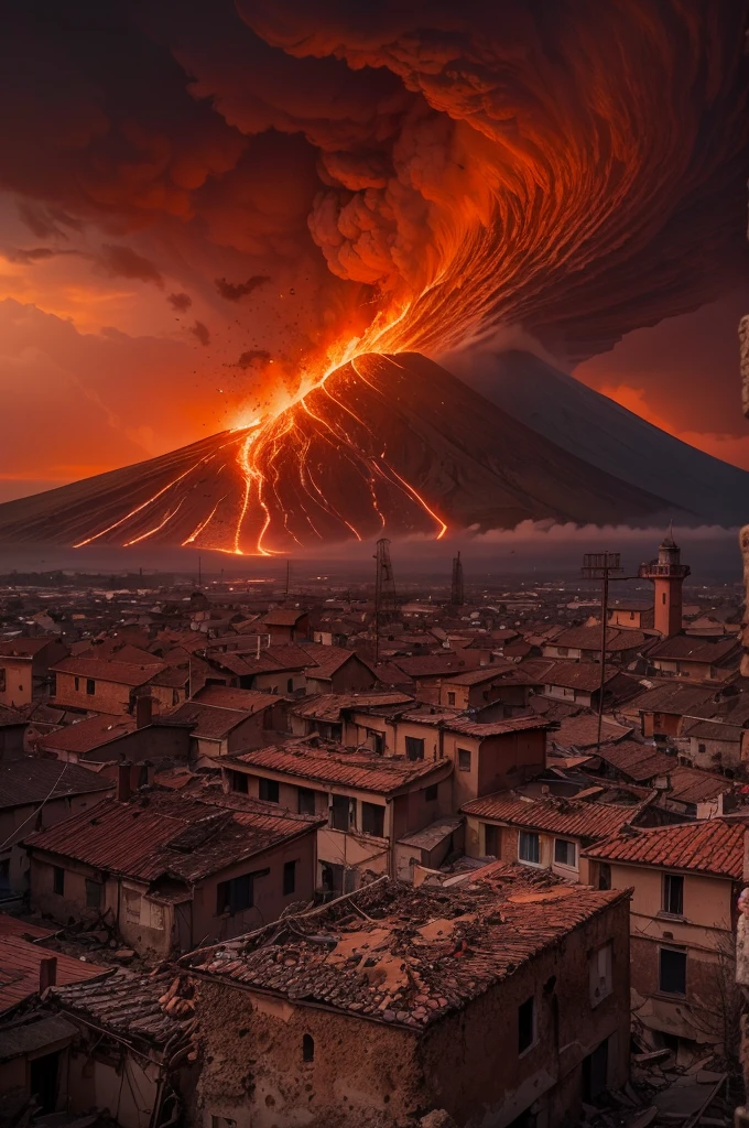 Masterpiece, as dawn breaks in 79 AD, the formidable Mount Vesuvius erupts, unleashing a catastrophic fury upon Pompeii. Immense pyroclastic flows surge down the slopes, enveloping the ancient city in a deadly embrace. The Tyrrhenian Sea reflects the eerie glow of molten lava and ash, adding a surreal quality to this apocalyptic vision. The sky, a canvas of ominous reds and oranges, heralds this dramatic end of days. The scene is a poignant blend of nature's wrath and human despair, captured in the early light of a fateful morning, 16K, ultra high res.photorealistic, UHD, RAW, DSLR, wide angle