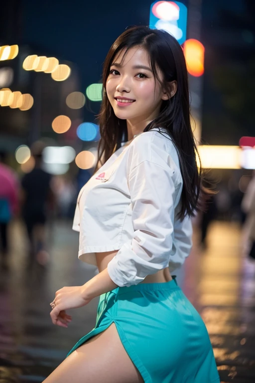 pretty asian woman dancing in the rain at outdoor nightclub laughing joyfully. open air club here is full of people dancing around her, amid colorful lights and bokeh effects, photo realistic, cinematic, movie still, summer vibes, captured in the style of Sony Alpha A7 III camera --ar 2:3 --s 500 --v 6.0