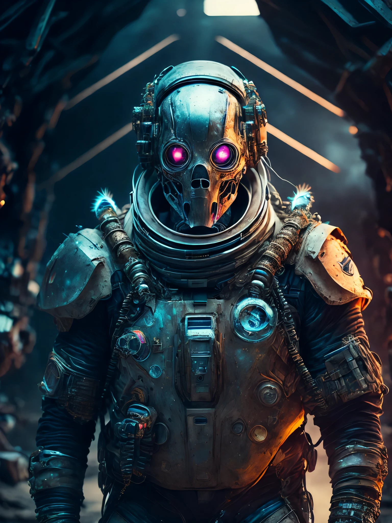 breathtaking cinematic science fiction photo of a portrait of a non human masked Grim dressed as an astronaut in metal skin, body full glowing metrics inside, glowing multicoloured eyes, multifaceted eyes, metallic arms, inside a destroyed building, extremely menacing creature, highly detailed, award-winning