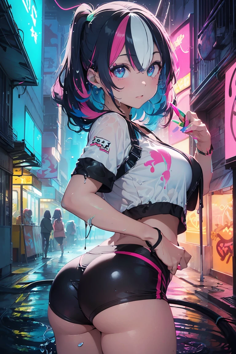 Anime Girls,(Sexy ass), peace sign,grinning face, (Big Breasts:1.2),((Upward glance:1.3, Perfect Eyes , レインボーは超detailedなGradient Eyeを輝かせます:1.1, Gradient Eye:1, Beautiful detailed eyes:1, Symmetrical eyes:1, Big Eye Highlights:1.2)), (Open your mouth), teeth,In a psychedelic room, (Light Skin: 1.5, Sunburned skin, very Light Skin, Bright body, visual tranceのイラスト, visual trance, psychedelic art style, Neon Colors theme, (masterpiece), (Complex), 8k, highest quality, (visual strength: 1.5),
(((liquid paint hair:1.1))) ,(((Neon colored hair :1.5))), ((Made of paint、Defying Gravity,thick stream),(Paint splashes:1.3), (Shiny Hair: 1.3), (Bright colors), Embarrassing,Centered,Scale to fit,Three-part method, Body nicely covered in paint on a multi-colored background, Colorful themes, splash paint play, Beautiful light, Colorful light particles,High contrast in clothing, Color Splash, Color Drawing Wall, Complex detailed, Exposure Blending, High resolution, (Graffiti art),more_detailed:0.5,