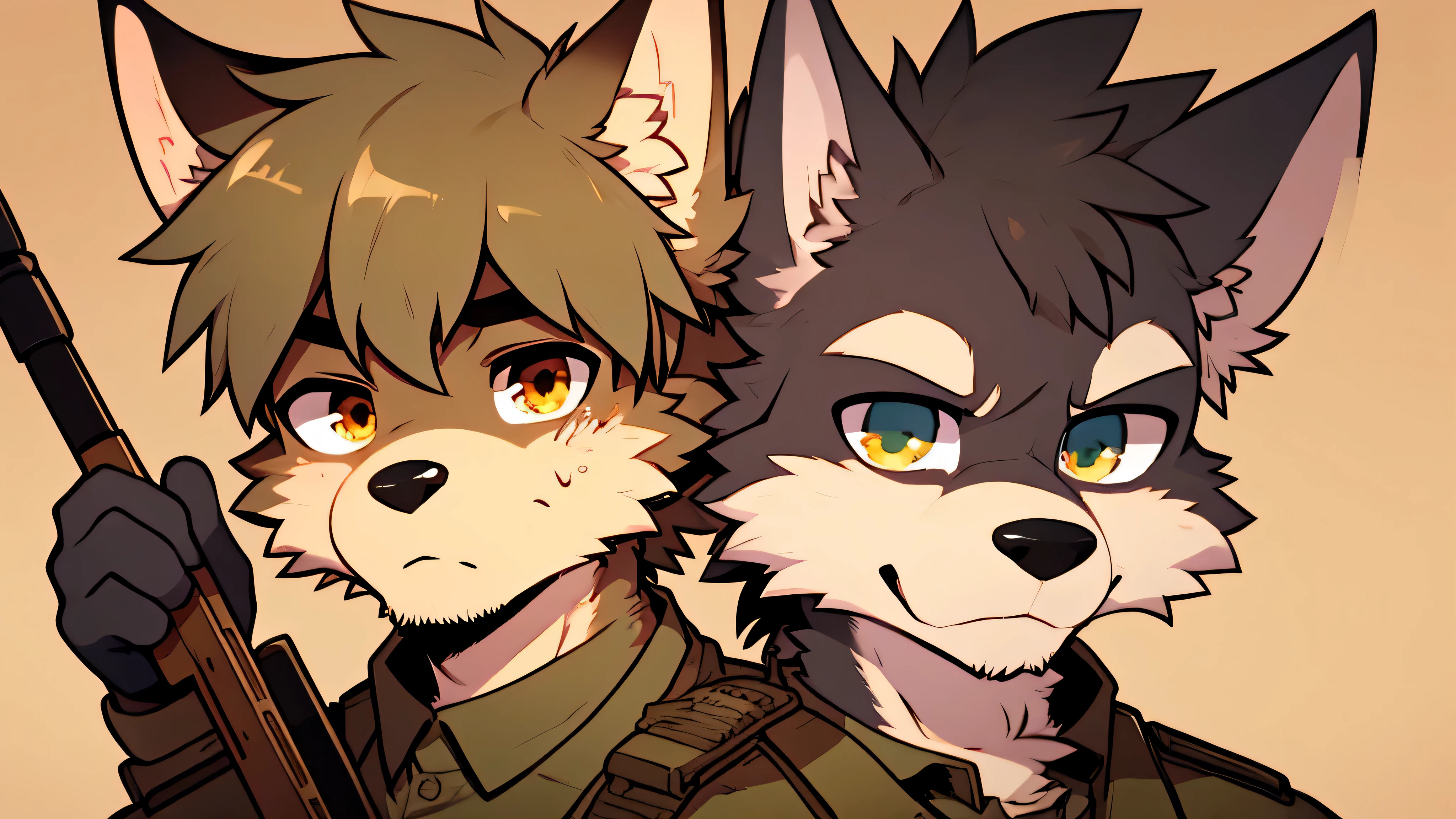 Wolf Men,Military uniform with ears erected,determined eyes,Serious expression,Look ahead,Holding a weapon,In the trenches,best quality,Furry ears,Hairy all over,There is dust on the face,War,