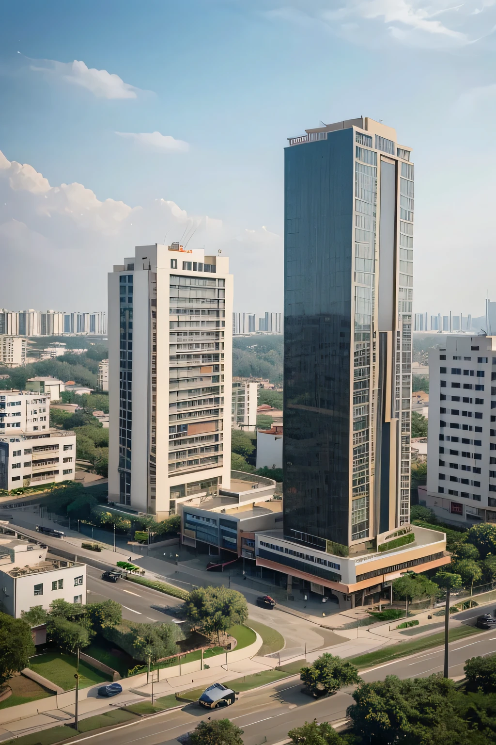 Daytime view of buildings in the background, Digital rendering by Simon Gaon, Flickr, overview, entire building, middle view, photo taken outside, look outside, Seaside, High detail, very detail, wide viewing angle, Detail image, exterior, Explore photos, square, 20-story hotel, monumental!, Overview of the building, 1 khối cao, 1 low block on the left, Khối thấp bên trái hình tròn, left side facing the road, The front is the sea, Minimalist style, Nhìn từ xa, Monumental building!, Featured dictionary, 2 khối thông nhau, 1 block of high-rise buildings, 1 khối nhà thấp, long rectangular base, High-rise block on the right, center view, The blocks are interconnected