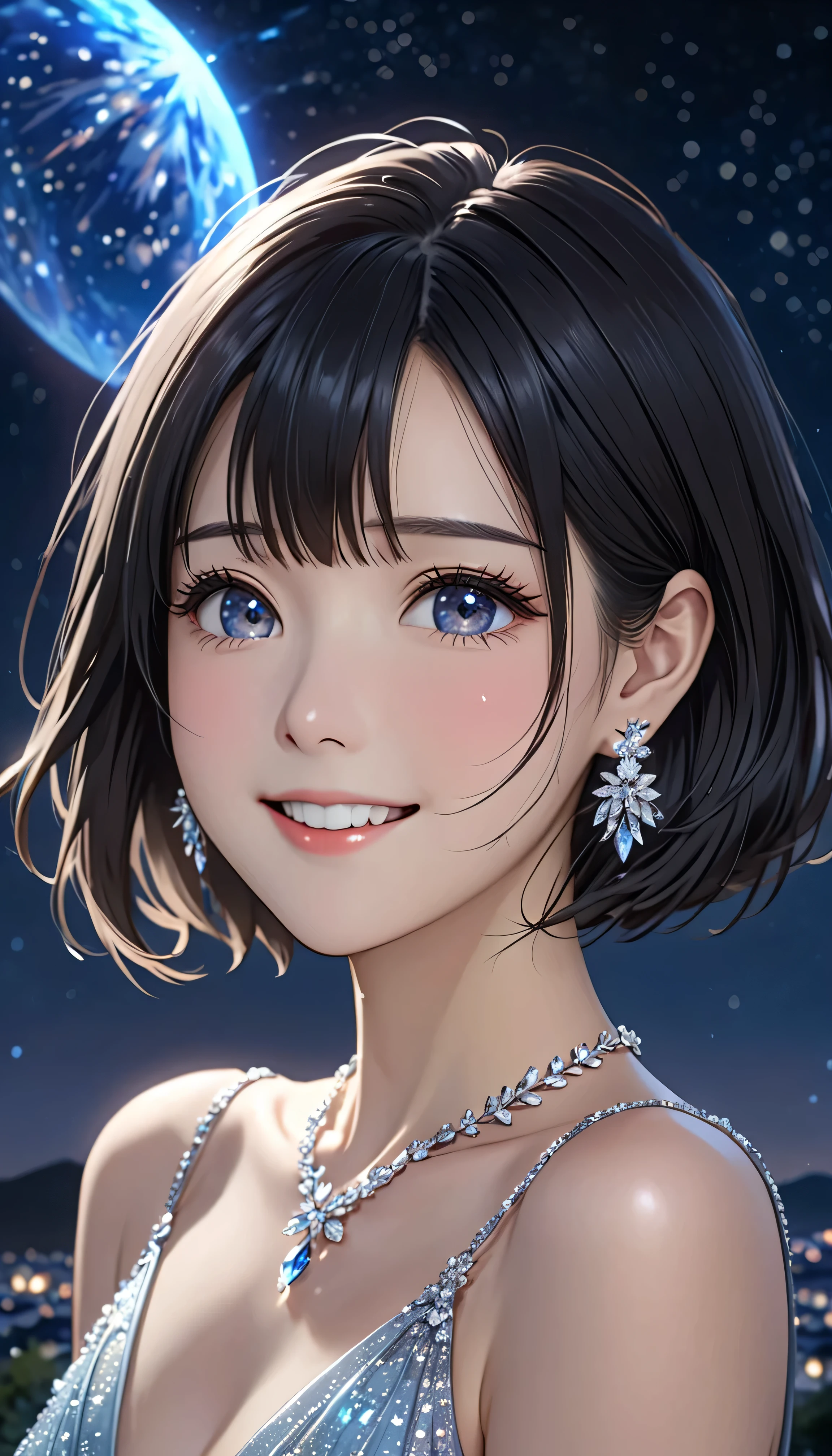 National Science Foundation,masterpiece,High resolution,8K,Art,digit,Kyoto Animation Style,your name movie style,Facing the camera,night,midnight,Light,meteor,(1 female: 1.3),(alone: 1.4),(((Black hair))),Sparkling Light Red Evening Dress,Swarovski crystals on evening gown,crystal hairpin,silver crystal necklace,silver crystal earrings,Long eyelashes,slender legs,short bob,sexy pose,Close-up of upper body,Close-up,close view,nightstarry sky,Eyes as deep as the starry sky,Blushed,shy,shy,Open your mouth and smile