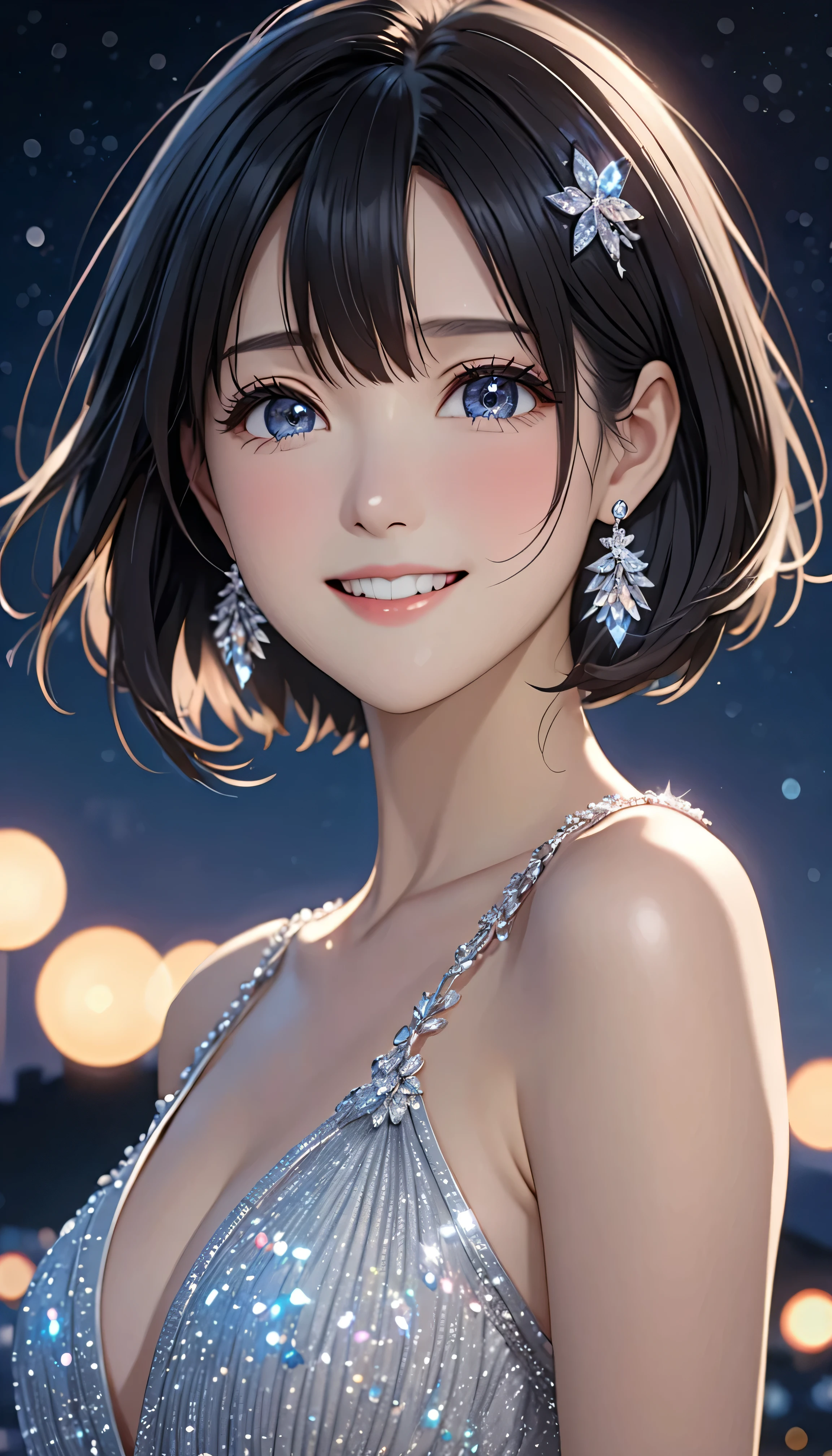 National Science Foundation,masterpiece,High resolution,8K,Art,digit,Kyoto Animation Style,your name movie style,Facing the camera,night,midnight,Light,meteor,(1 female: 1.3),(alone: 1.4),(((Black hair))),Sparkling Light Red Evening Dress,Swarovski crystals on evening gown,crystal hairpin,silver crystal necklace,silver crystal earrings,Long eyelashes,slender legs,short bob,sexy pose,Close-up of upper body,Close-up,close view,nightstarry sky,Eyes as deep as the starry sky,Blushed,shy,shy,Open your mouth and smile