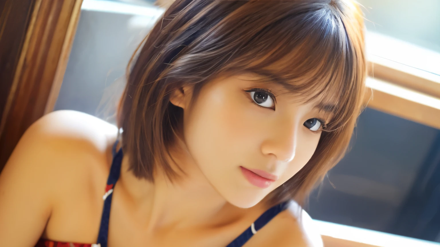 masterpiece、highest quality、High resolution、Tabletop、wallpaper、Realistic、Bright lighting、Professional Lighting、Face Light、smooth lighting、Japanese women、Adult、Beautiful woman、action、gravure、sexy、poor、so beautiful、Beautiful Skin、Beautiful and detailed、Detailed face、slim、moderately、short hair、Brunette colored hair、Brown eyes、Looking at the camera、Let me'play the ukulele、Photographed inside the cafe,