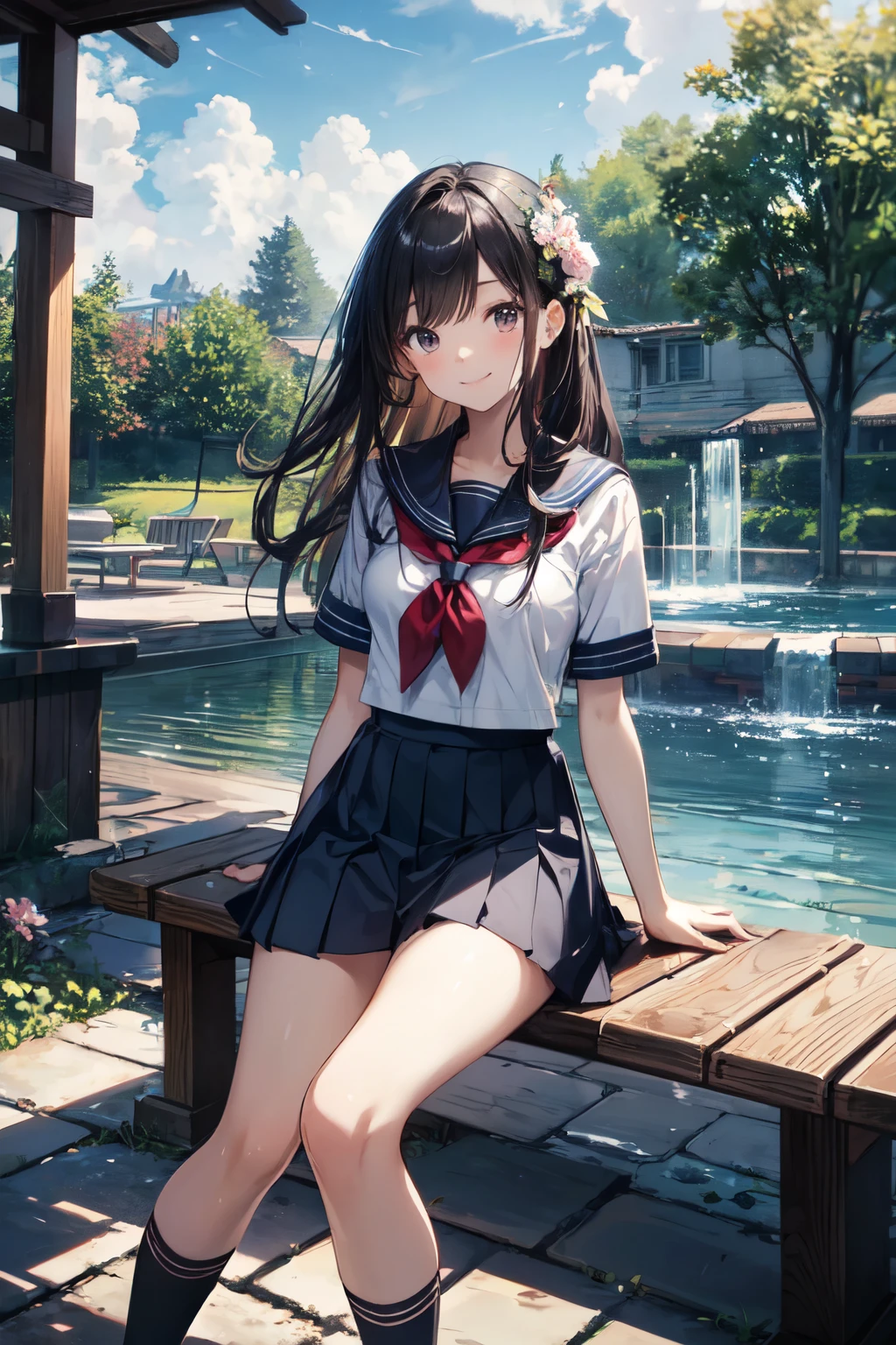 very cute and beautiful school girl,teen,(highly detailed beautiful face),
(smile),looking at viewer,black hair,(sailor school uniform),(pleated navy blue mini skirt),
sitting on wooden bench in elegant gazebo,flower garden,water fountain,forest,
(best quality,masterpiece:1.0),absurdres,highres,ultra-detailed,extremely detailed,32k,8k resolution,
intricate details,cinematic scene,detailed background,solo,dynamic angle,
hair fluttering in the wind,beautiful detailed sky,realistic,