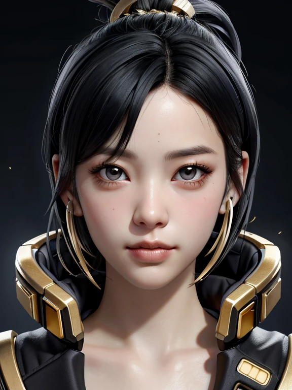 (High resolution), (Ultra delicate), (clear), Realistic,((A girl with black hair and gold inner color)).((cyber punk)),face,Skin realism、A fusion of Japanese style and the near future、Black pupil、Astrology