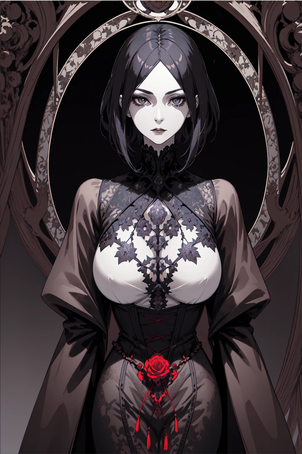 Basic Art Nouveau，Vampire woman with black hair and blue eyes，short hair，（Upper body portrait），young，(((Oval face)))，Dark clothing，Soft and melancholy face，Beautifully，No wrinkles，Gothic style，Synthwave meets Art Nouveau，Bold and smooth lines，Dynamic composition of organic Art Nouveau patterns，Intricate red roses and patterns intertwined with geometric shapes，Characters that embody vampires Mysterious Gothic atmosphere，Feminine but calm expression，Art Nouveau pattern dress，Digital grid landscape with natural forms，Neon-like outline effect reminiscent of stained glass，White background，High contrast，Easy to color，visual clarity，French Art Nouveau，80s vaporwave art style。Maximum details，