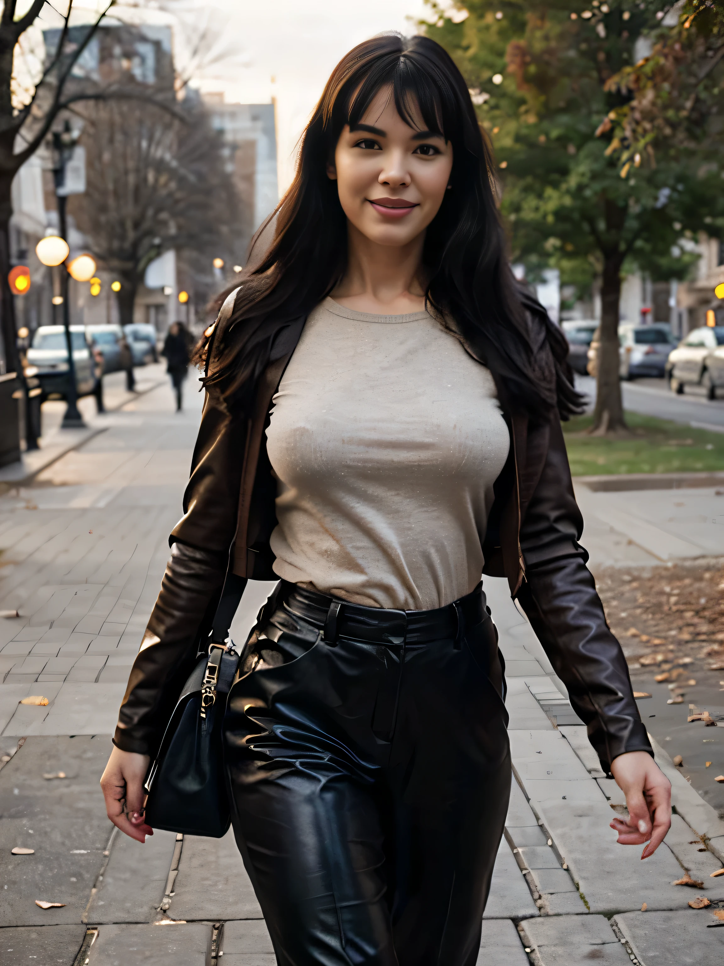 Bettie Page sonriente caminando por el parque. cerrar foto. pelo largo y negro. Wearing brown maxy coat, Brown leather gloves, pants and pullover. bolso sobre sus hombros,Invierno. Perfect slim body anatomy. fotorrealista. Colores realistas. luces realistas. Obra maestra. realistic anatomy. Muy detallado. Detalles realistas. alta calidad.