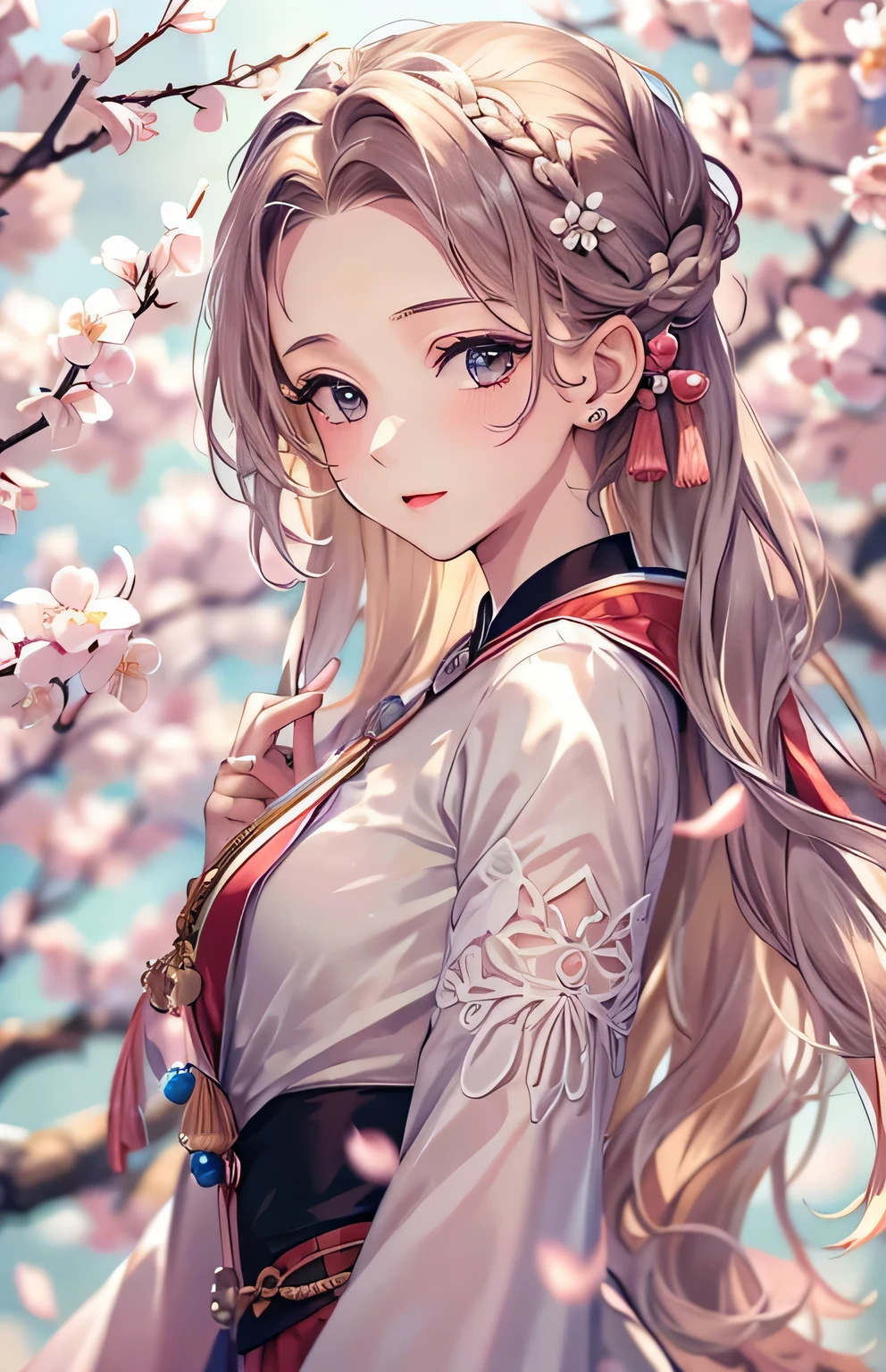 ((highest quality)), ((masterpiece)), (Get used to it), Perfect Face , beautiful girl , Long and beautiful hair , braided hairstyle , cherry blossoms , Beautiful cherry blossoms in the background ,