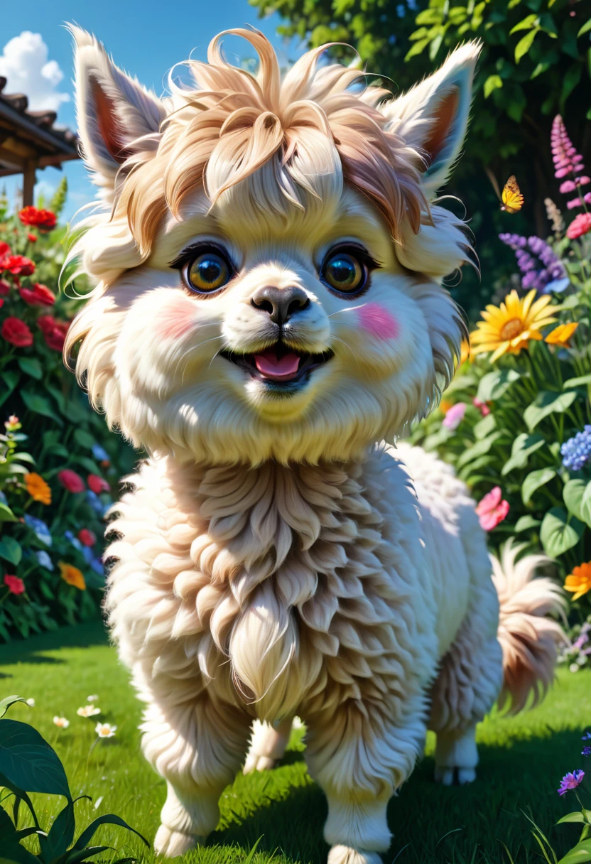 An Alpaca, aesthetic, (best quality,4k,8k,highres,masterpiece:1.2),ultra-detailed,(realistic,photorealistic,photo-realistic:1.37),alpaca,random things,cheerful expression,playful behavior,garden scenery,fluffy fur,curly hair,expressive eyes,natural surroundings,vibrant colors,soft sunlight,rainbow backdrop,joyful atmosphere,unpredictable actions,beautiful patterns,striking pose,friendly interaction,quizzical look,lovely demeanor,enjoying a snack,lush green grass,innocent charm,nose twitching,cute gestures,elegant posture,whimsical movements,endearing personality,lively energy,adorable creature,delightful surprises,amusing antics,delicate features,mischievous behavior,full of life,bouncing around,having fun,jumping over obstacles,charming presence,memorable moments,memorable moments,heartwarming sight,pleasant daydream,moment of magic,immersive experience.
