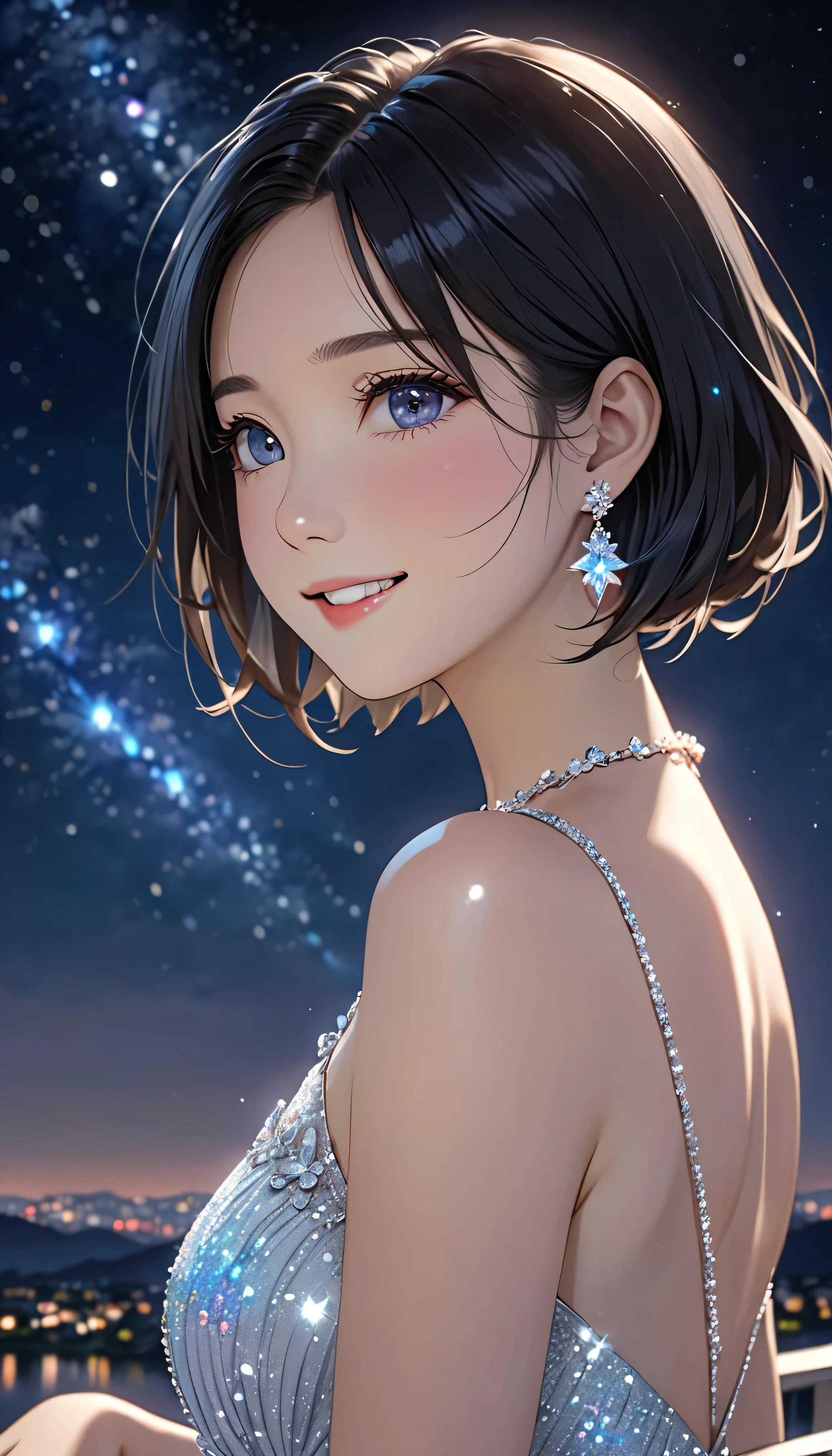 National Science Foundation,masterpiece,High resolution,8K,Art,digit,Kyoto Animation Style,your name movie style,Facing the camera,night,midnight,Light,meteor,(1 female: 1.3),(alone: 1.4),(((Black hair))),Sparkling Light Red Evening Dress,Swarovski crystals on evening gown,crystal hairpin,silver crystal necklace,silver crystal earrings,Long eyelashes,slender legs,short bob,sexy pose,Close-up of upper body,Close-up,close view,nightstarry sky,Eyes as deep as the starry sky,Blushed,shy,shy,Open your mouth and smile