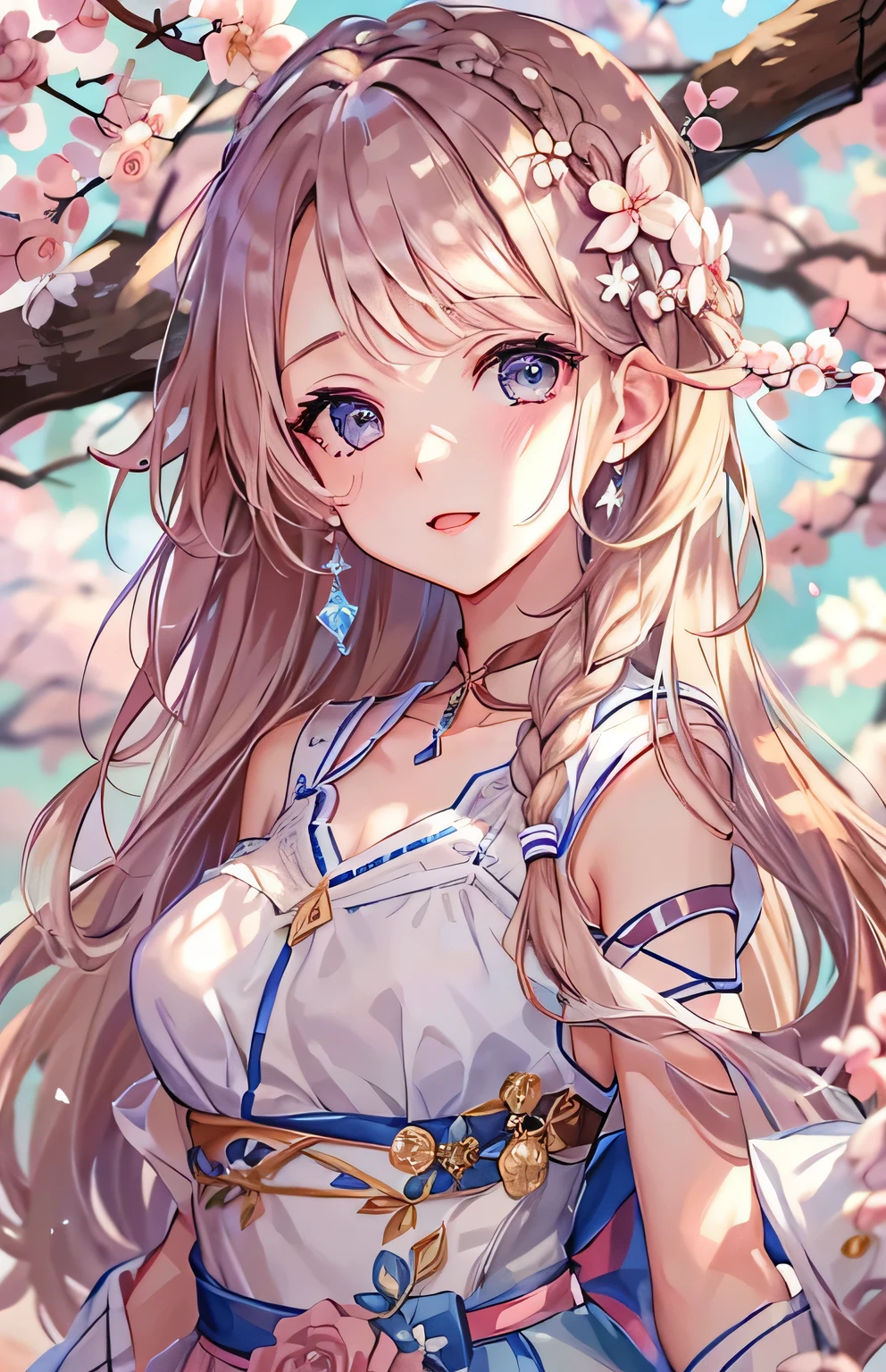 ((highest quality)), ((masterpiece)), (Get used to it), Perfect Face , beautiful girl , Long and beautiful hair , braided hairstyle , cherry blossoms , Beautiful cherry blossoms in the background ,