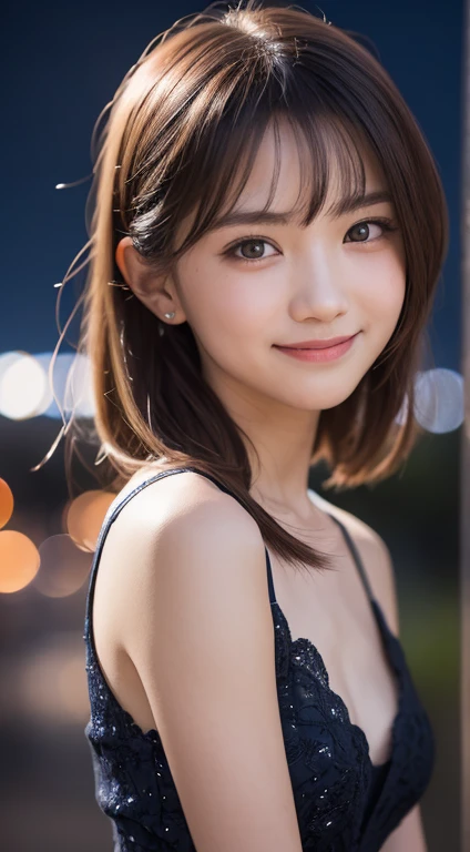 Tabletop, highest quality, 8k, 10 years old, Teen, RAW Photos, Absurd, Award-winning portrait, smile, alone, (night:1.8), Idol's face, Violet, Delicate girl, Upper Body, Digital SLR, View your viewers, Frank, Sophisticated,Thin arms, Professional Lighting, Film Grain, chromatic aberration, (Eyes and facial details:1.0), (Bokeh:1.1) , (Robe Dress:1.1) , Close your mouth