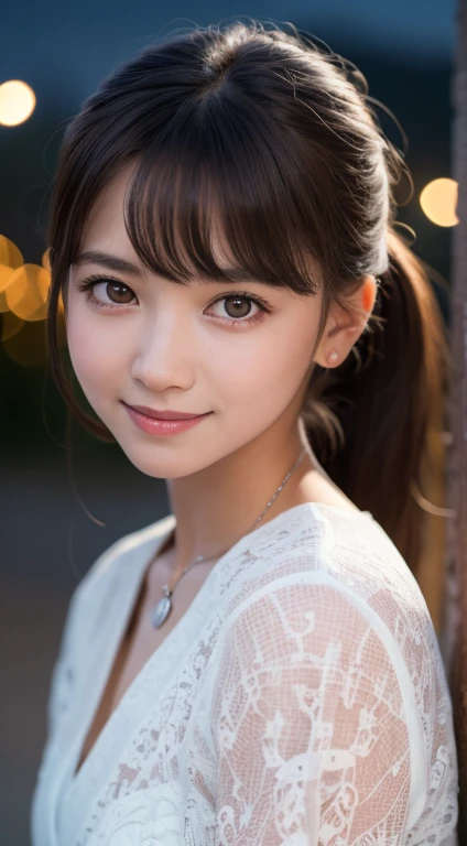 Tabletop, highest quality, 8k, , Teen, RAW Ph, Absurd, Award-winning portrait, smile, alone, (night:1.8), Idol's face, Violet, Delicate girl, Upper Body, Digital SLR, View your viewers, Frank, Sophisticated,Thin arms, Professional Lighting, Film Grain, chromatic aberration, (Eyes and facial details:1.0), (Bokeh:1.1) , (Robe Dress:1.1) , Close your mouth