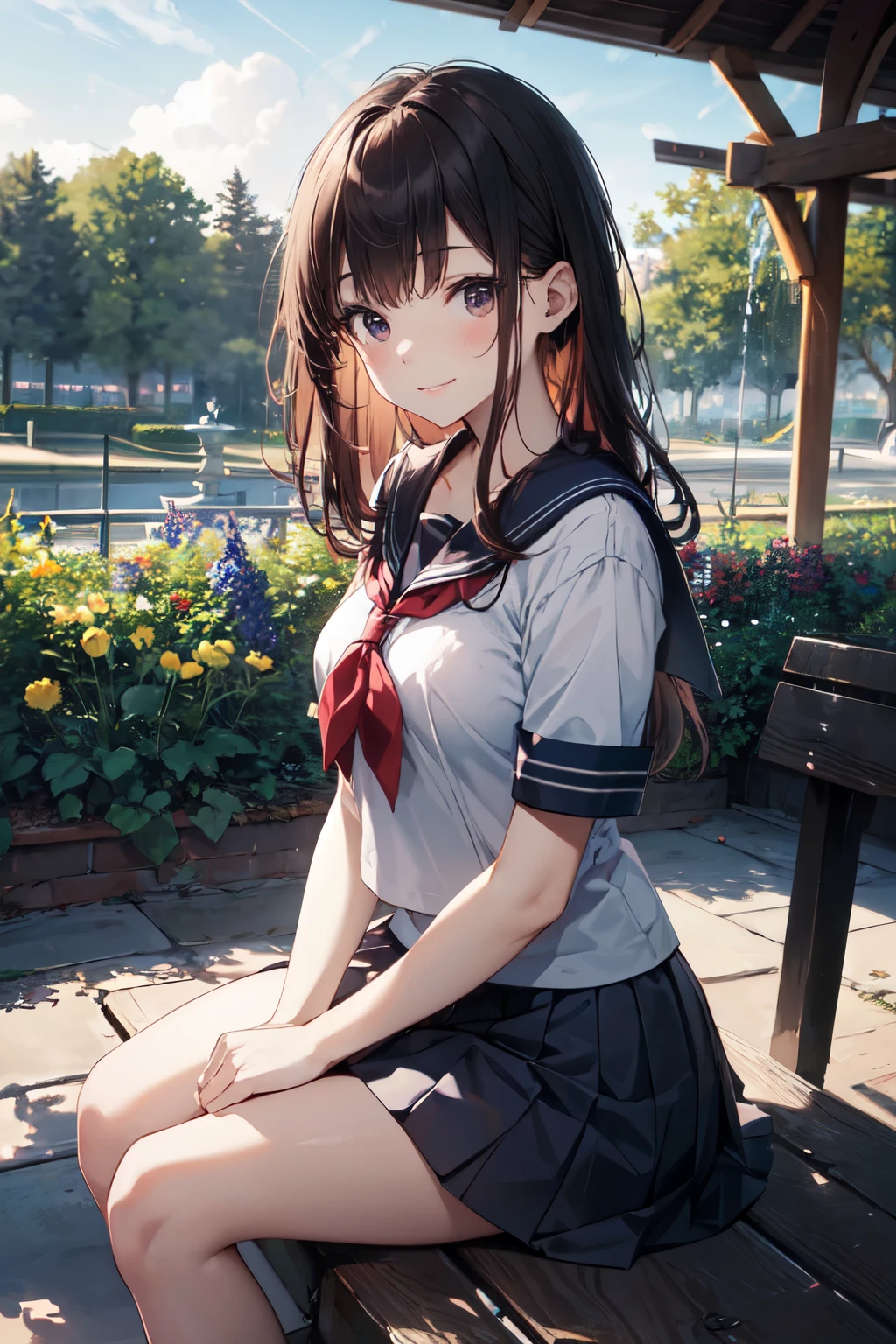 (top-quality、in 8K、32K、masterpiece、nffsw、ighly detailed、Impresionismo:1.2)、Full body, (Superb view cherry blossom garden in full bloom:1.4)、beautiful shadow、beauitful face、blurry backround、16-year-old beautiful girl、shinny skin, Beautiful black hair、Blunt bangs、 side poneyTail、Brown eyes、a sailor suit、pleatedskirt、Black socks、Black shoes、A smile、Striped panties、thighs thighs thighs thighs、from the front side、Opening legs、