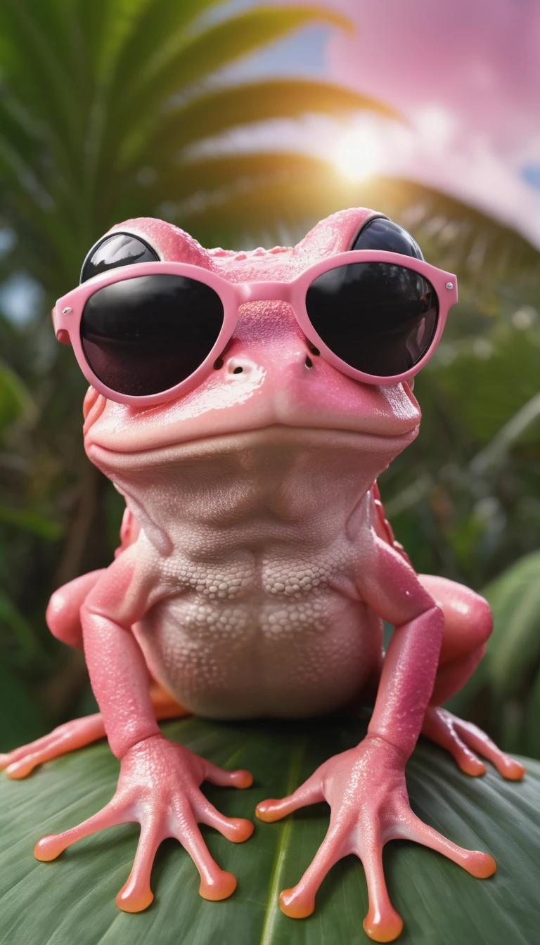 Ultra detailed photo of a pink frog wearing sunglasses under a tropical sky, daytime,|photographique, Realism is pushed to the extreme, Delicate texture, Lifelike, Movie, large format camera, Photorealism, DSLR camera, 8k ultra high definition, HDR, Super detailed, high quality, High contrast