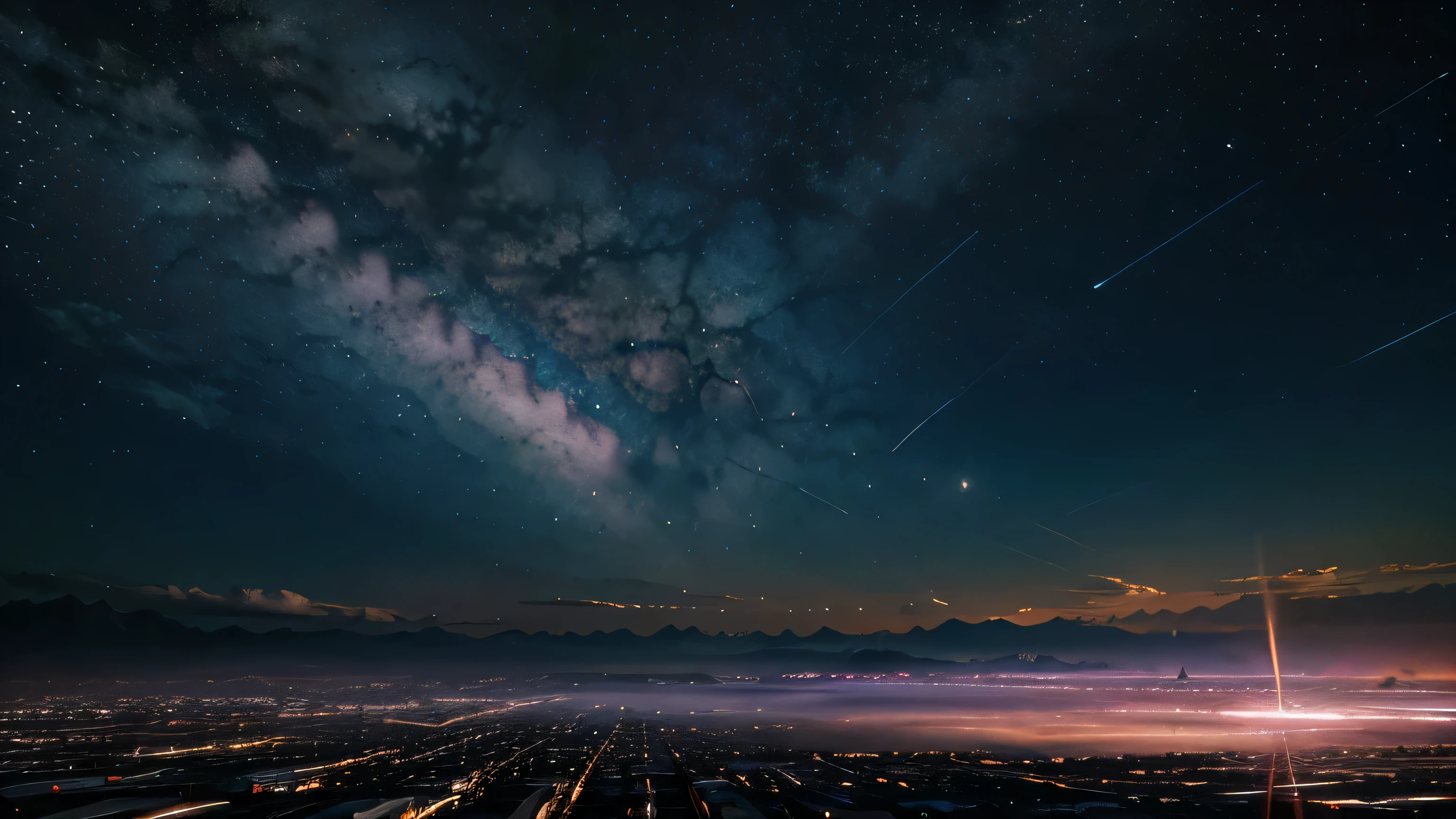 A painting of shooting stars over the lake, There are two types of stars, Pink and blue stars. the sky is blue, Purple, It has a layered color transition. You name it movie style, Anime wallpapers, Anime movie wallpapers, Perfect reflection effects, Anime sky, Amazing wallpapers, Vibrant colours, Vibrant colours, bright colors. You name it, colorful Anime movie wallpapers, Anime clouds, No homes, No buildings, Not humans. There are no ships. Beautiful anime scenes, Anime wallpaper art, Cosmic sky. author: Makoto Shinkai, Ufotable art style, Beautiful peaceful anime scenes, Anime atmosphere - without any mountains or houses, without the color orange, without the sun, without the color yellow, without any mountains or rocks.