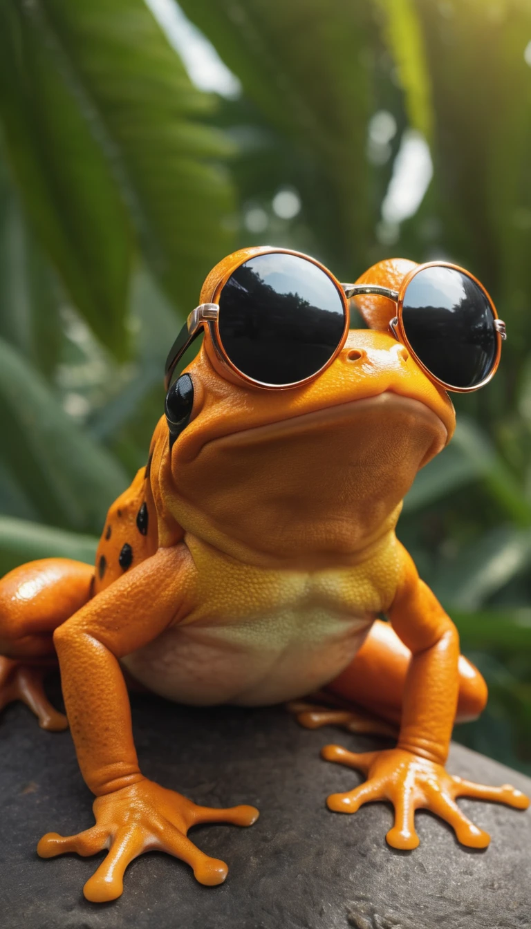 Super detailed photo of an orange frog wearing sunglasses under a tropical sky, daytime,|photographique, Realism is pushed to the extreme, Delicate texture, Lifelike, Movie, large format camera, Photorealism, DSLR camera, 8k ultra high definition, HDR, Super detailed, high quality, High contrast
