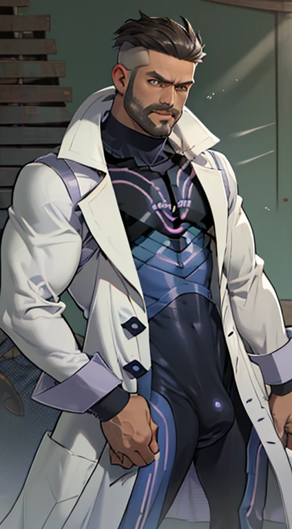(masutepiece, Best Quality:1.2), Cowboy Shot, Solo, Male Focus, 1boy, Pokemon Touro, Closed mouth, Looking at Viewer, (holding a pokeball one one hand), Open clothes, ((labcoat)), ((Purple bodysuit))、lean muscle guy, burly, hunk, Hot, big shoulders, musculature、 (hyperdetailed face), smirking, standing on a green hill, bright sunlight, (erection under clothes:1.3),