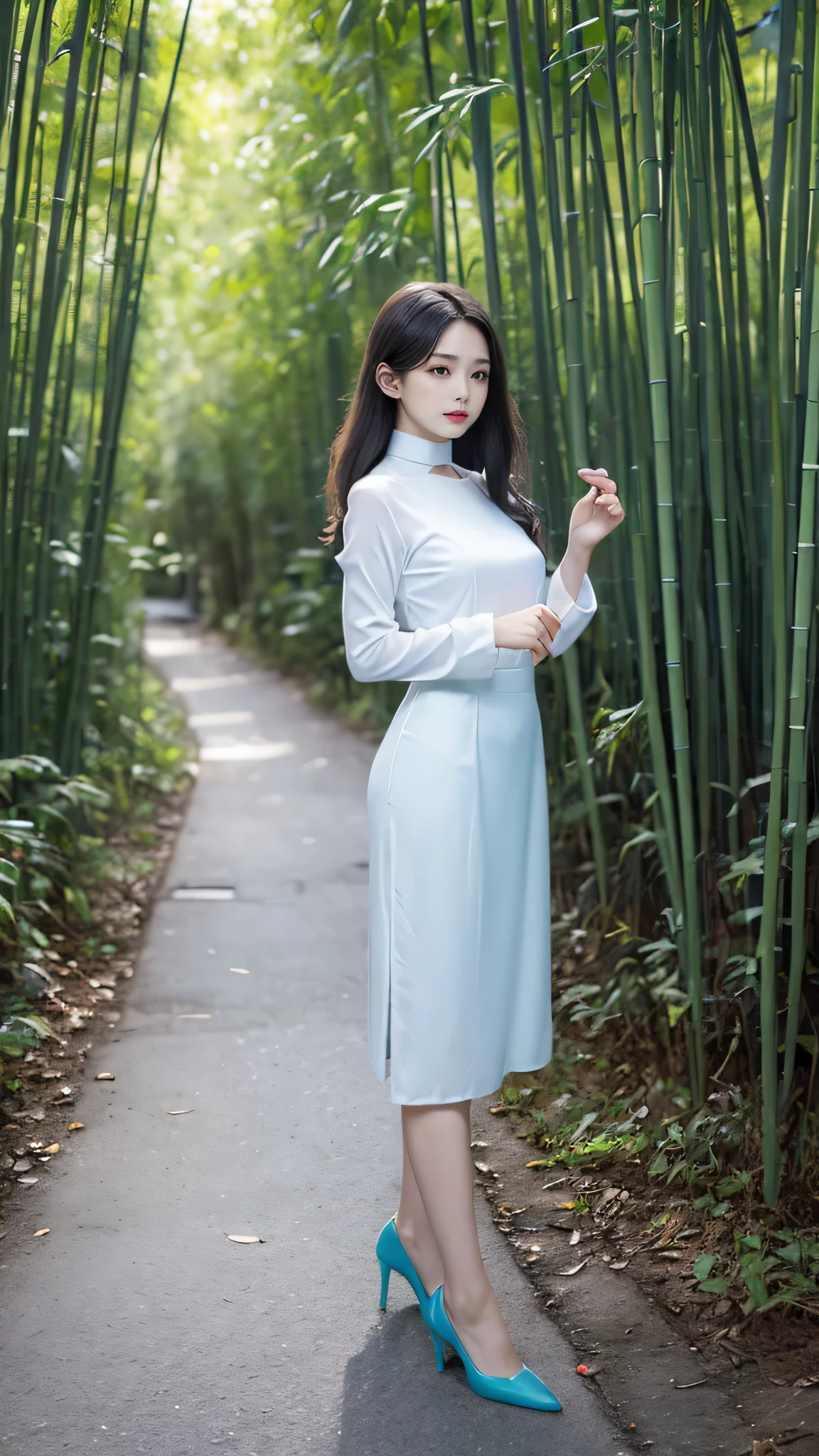 1 female々,(Standing posture:2.0), (Legs outstretched:2.0),(Height 2/3 is the foot:2.0),white glossy skin, Age 25, A small, elegant face, Red lips, Parted lips, ( Hair parted to one side:1.5), blue eyes, smile, Elegant young woman, long blonde shiny hair, choker,(Blue silk blouse :1.3)(Silver metallic silk pleated skirt :1.3), (Blue pumps:1.2), Natural wavy hair, Almond Eye,Slender figure, Tight waist, Beautiful Hands, Narrow shoulders, View here, Bamboo forest at daytime