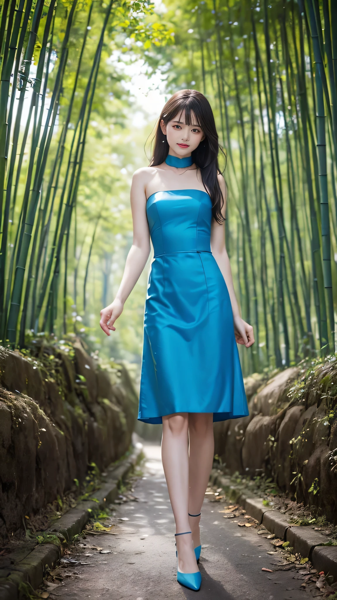 1 female々,(Standing posture:2.0), (Legs outstretched:2.0),(Height 2/3 is the foot:2.0),white glossy skin, Age 25, A small, elegant face, Red lips, Parted lips, ( Hair parted to one side:1.5), blue eyes, smile, Elegant young woman, long blonde shiny hair, choker,(Blue silk blouse :1.3)(Silver metallic silk pleated skirt :1.3), (Blue pumps:1.2), Natural wavy hair, Almond Eye,Slender figure, Tight waist, Beautiful Hands, Narrow shoulders, View here, Bamboo forest at daytime
