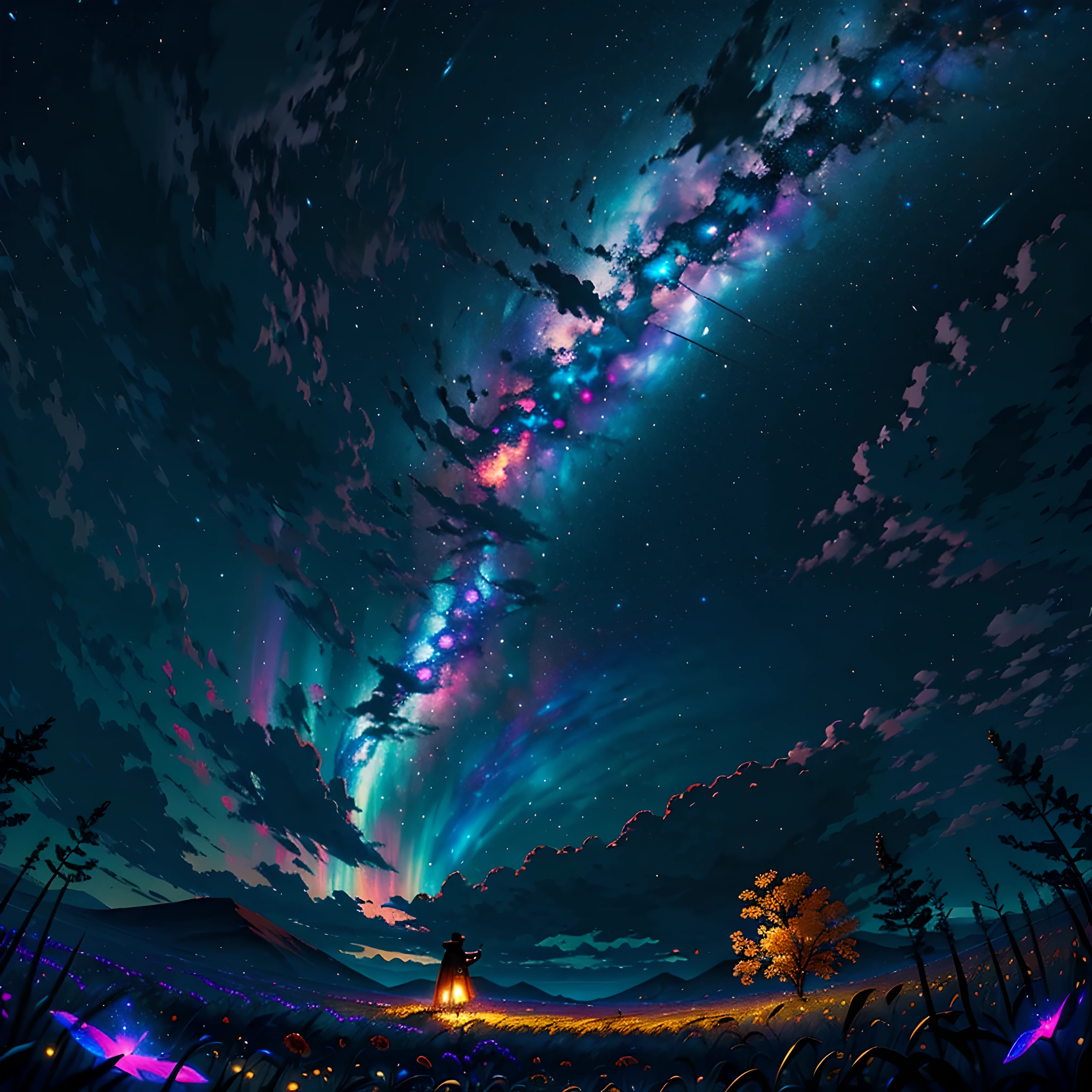 vast landscape photos , (view from below，above is the sky，Below is an open field), A girl stands on the flower field and looks up, (full moon:1.2), ( meteor:0.9), (nebula:1.3), distant mountains, The art of tree folding, (Warm light source:1.2), (firefly:1.2), lamp, lots of purple and orange, intricate details, Volumetric lightingBREAK
(masterpiece:1.2), (best quality), 4K, Super detailed, (dynamic composition:1.4), Very detailed, Colorful details,( rainbow colors:1.2), (Luminous lighting, mood lighting), fantastic, magic, (alone:1.2)