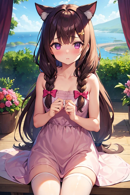 One girl, naked, Animal ears, Purple eyes, brown hair, wing, alone, Long Hair, blush, Cat耳, Flowers, View your viewers, Braid, bow, dress, pink Flowers, bow, hair accessory, bangs, Cat, Hair Flowers, Animal ears毛, Holding, Virtual YouTuber, Blue ribbon, Holding animal, Catwoman, stuffed toy
