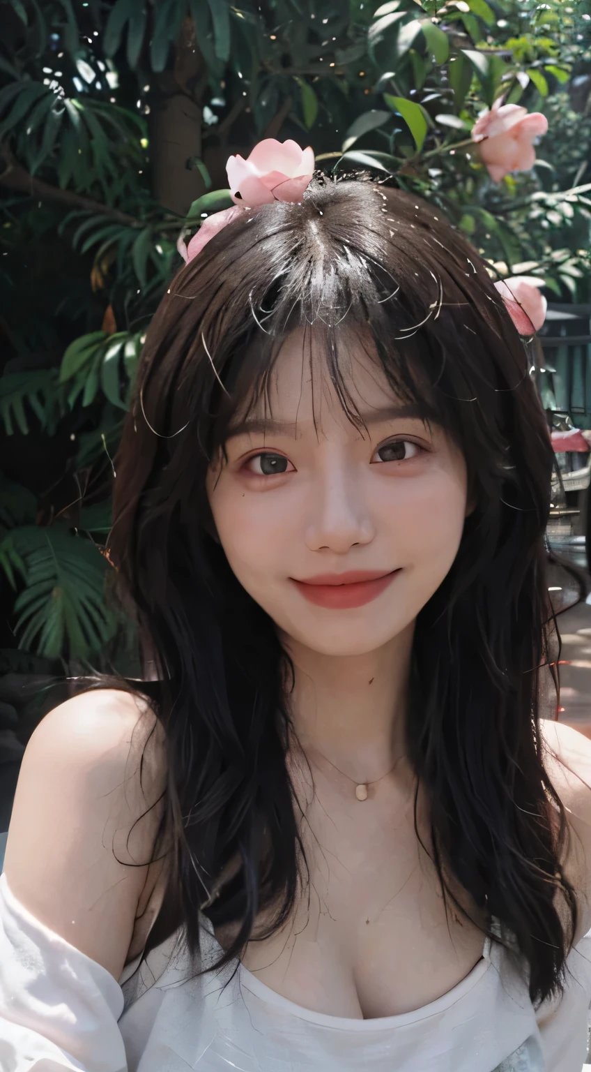 Best quality, Ultra-high resolution, (Realistically:1.4), Baoyu Girl,nude, A pair of clear and moving peach blossom eyes,Royal sisters,Sunshine on the face,Long curly hair,(in the forest:1.4),(necklace:1.2),(White skin:1.9),(Full body love:1.2)Atmosphere,A beautiful girl, Smile,look directly at the audience, Close-up cleavage ,(Reality:1.4),1 girl,Sexy,(Upper Body:1.4),(Wet),(:1.2),Pink is good