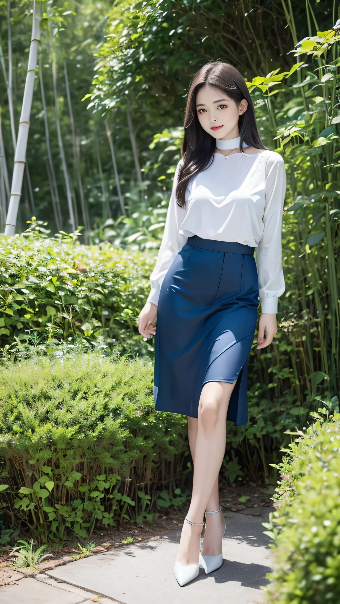 1 female々,(Standing posture:2.0), (Legs outstretched:2.0),(Height 2/3 is the foot:2.0),white glossy skin, Age 25, A small, elegant face, Red lips, Parted lips, ( Hair parted to one side:1.5), blue eyes, smile, Elegant young woman, long blonde shiny hair, choker,(Blue silk blouse :1.3)(Silver metallic silk pleated skirt :1.3), (Blue pumps:1.2), Natural wavy hair, Almond Eye,Slender figure, Tight waist, Beautiful Hands, Narrow shoulders, View here, Bamboo forest at daytime