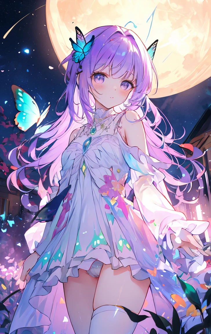 masterpiece, Concept Art, (Very detailed), Fairy Butterfly 1 Girl, Butterfly Wings, cute, elegant, Flowing purple hair, Magical Dress, magnum opta fly:1.5) Flying around her, Mythical Forest, Bathed in the fantastic moonlight, Tranquility, (Watching the audience), Bright colors, Volumetric lighting, hd,Panty shot,Panty shot,Panty shot,((whole body))((Get closer to people))