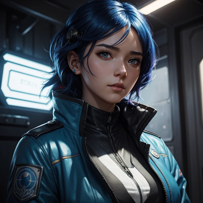 a woman with colorful hair and a blue jacket, a character portrait artgerm, afrofuturism, glowwave girl portrait, lucio as a woman, portrait of a cute pilot girl portrait of anime (((woman))) cute-fine face, blue-red hair pretty face, realistic shaded perfect face, fine details. anime. game of thrones realistic shaded lighting by ilya kuvshinov ghost-in-the-shell, artgerm, rutkowski, wlop jeremy lipkin and michael garmash and rob rey