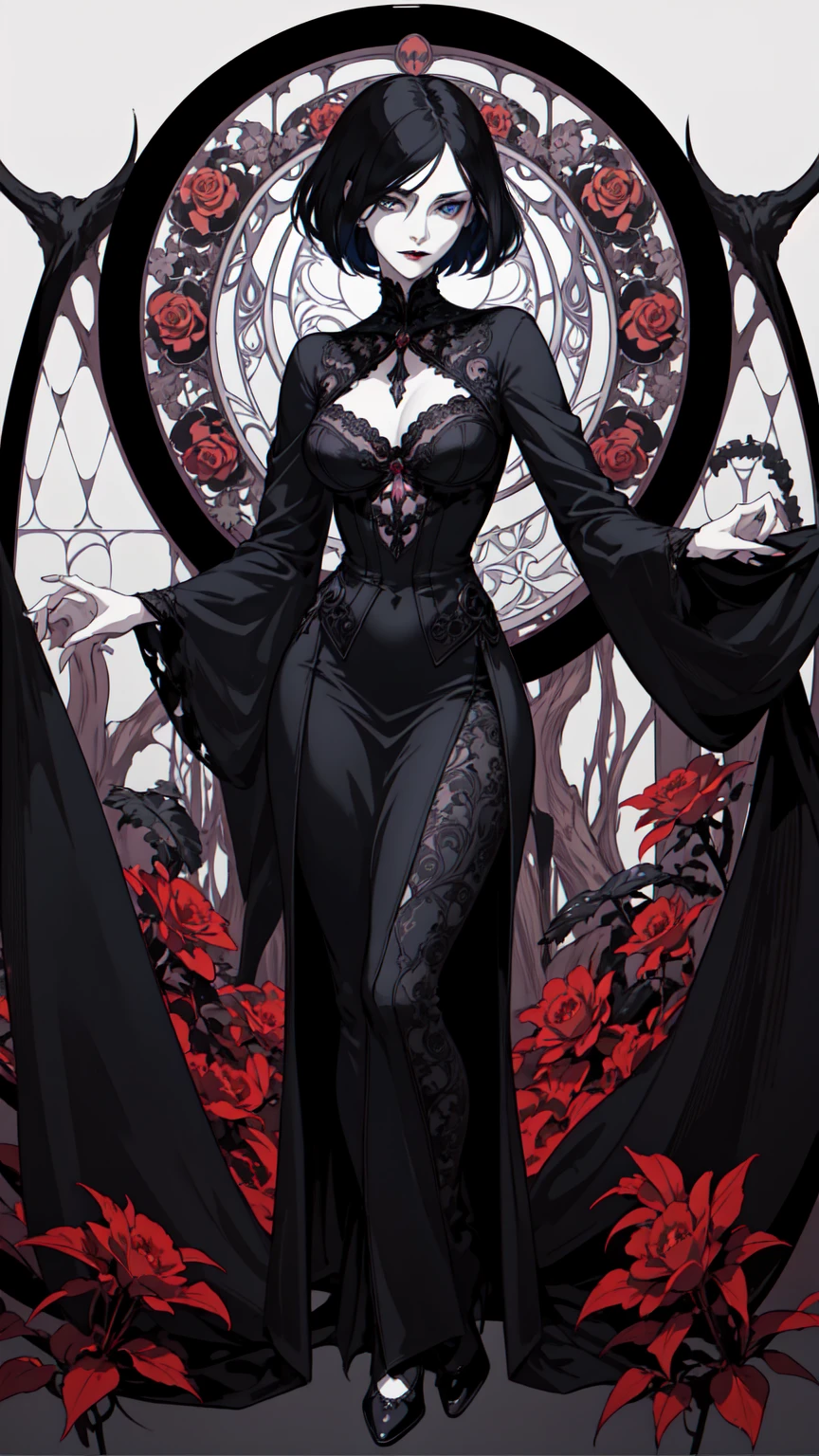 Basic Art Nouveau,Vampire woman with black hair and blue eyes,short hair,young,(((Oval face))),Dark clothing,Soft and melancholy face,Beautifully,No wrinkles,Gothic style,Synthwave meets Art Nouveau,Bold and smooth lines,Dynamic composition of organic Art Nouveau patterns,Intricate red roses and patterns intertwined with geometric shapes,Characters that embody vampires Mysterious Gothic atmosphere,Feminine but calm expression,Art Nouveau pattern dress,Digital grid landscape with natural forms,Neon-like outline effect reminiscent of stained glass,White background,High contrast,Easy to color,visual clarity,French Art Nouveau,80s vaporwave art style。Maximum details,