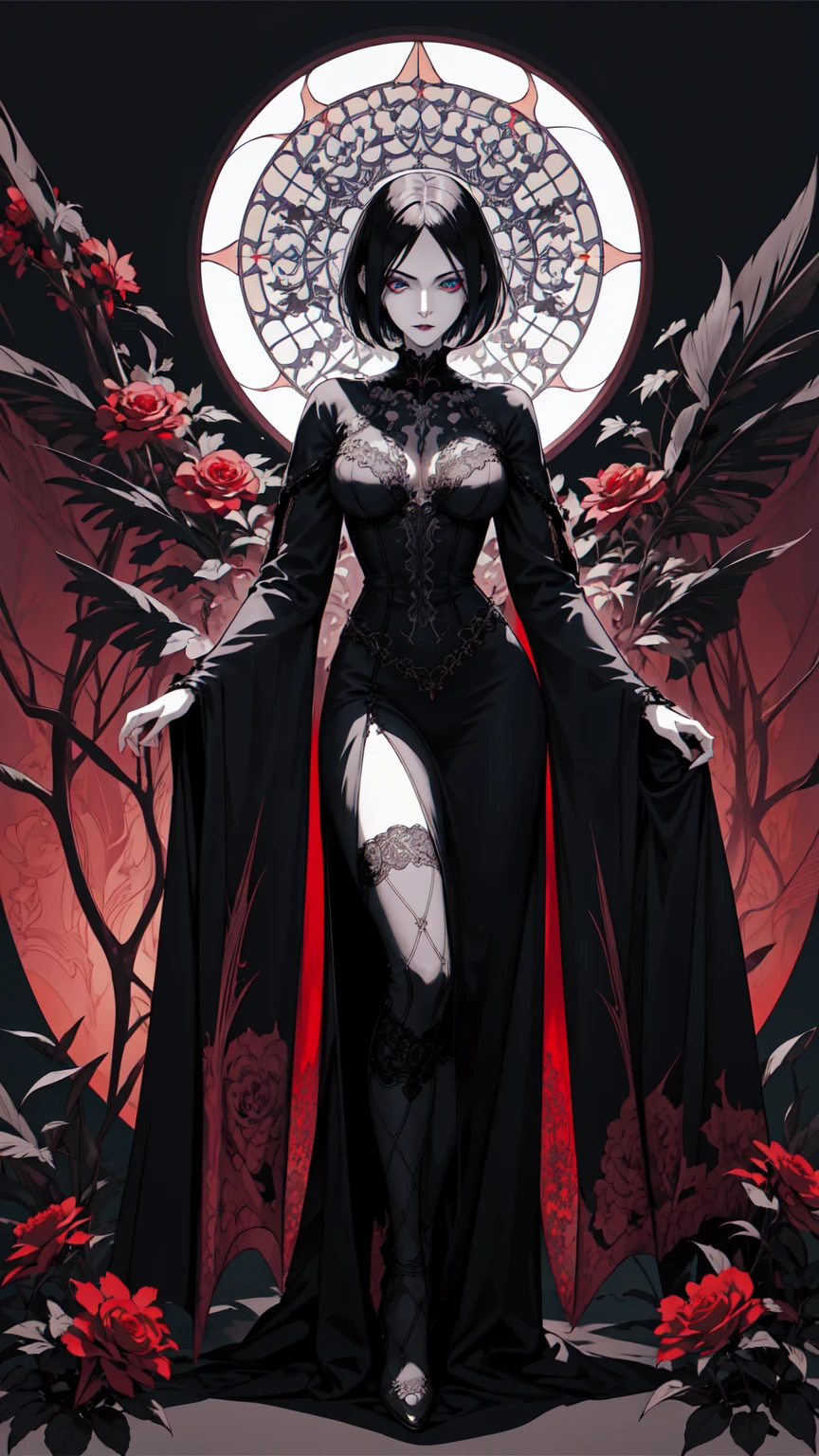 Basic Art Nouveau,Vampire woman with black hair and blue eyes,short hair,young,(((Oval face))),Dark clothing,Soft and melancholy face,Beautifully,No wrinkles,Gothic style,Synthwave meets Art Nouveau,Bold and smooth lines,Dynamic composition of organic Art Nouveau patterns,Intricate red roses and patterns intertwined with geometric shapes,Characters that embody vampires Mysterious Gothic atmosphere,Feminine but calm expression,Art Nouveau pattern dress,Digital grid landscape with natural forms,Neon-like outline effect reminiscent of stained glass,White background,High contrast,Easy to color,visual clarity,French Art Nouveau,80s vaporwave art style。Maximum details,