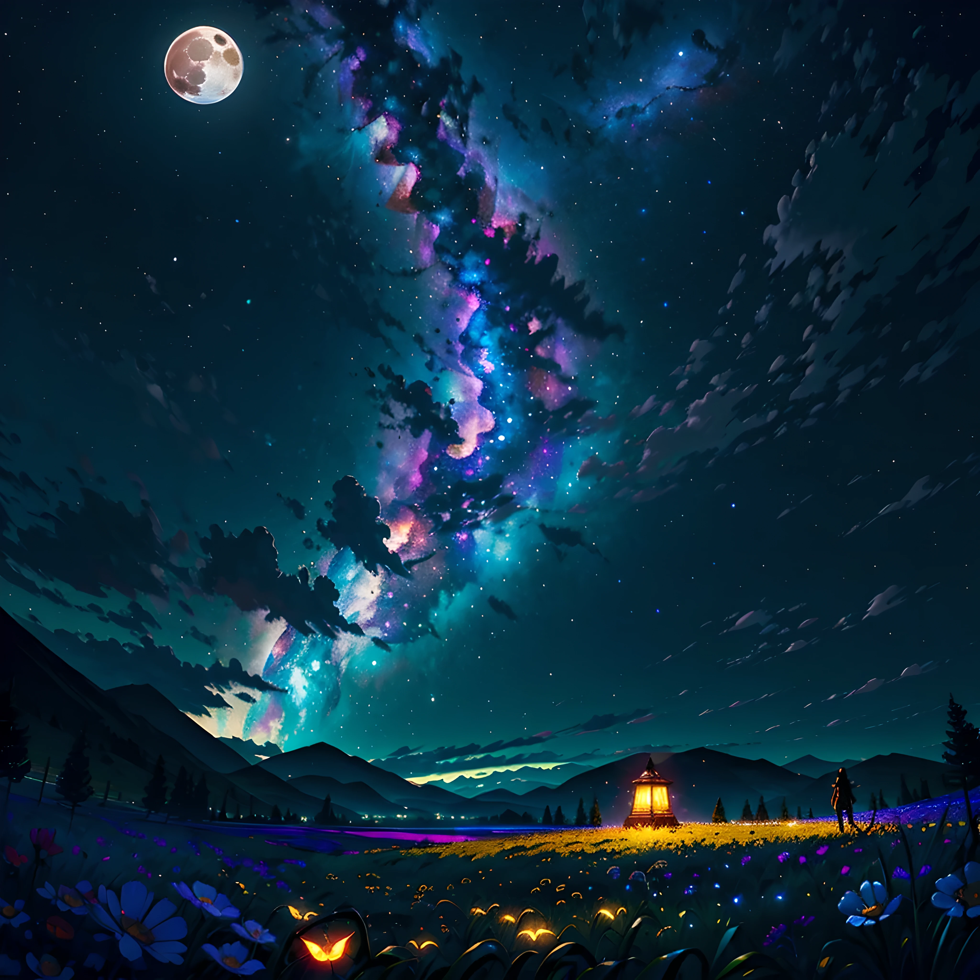 vast landscape photos , (view from below,above is the sky,Below is an open field), A girl stands on the flower field and looks up, (full moon:1.2), ( meteor:0.9), (nebula:1.3), distant mountains, The art of tree folding, (Warm light source:1.2), (firefly:1.2), lamp, lots of purple and orange, intricate details, Volumetric lightingBREAK
(masterpiece:1.2), (best quality), 4K, Super detailed, (dynamic composition:1.4), Very detailed, Colorful details,( rainbow colors:1.2), (Luminous lighting, mood lighting), fantastic, magic, (alone:1.2)