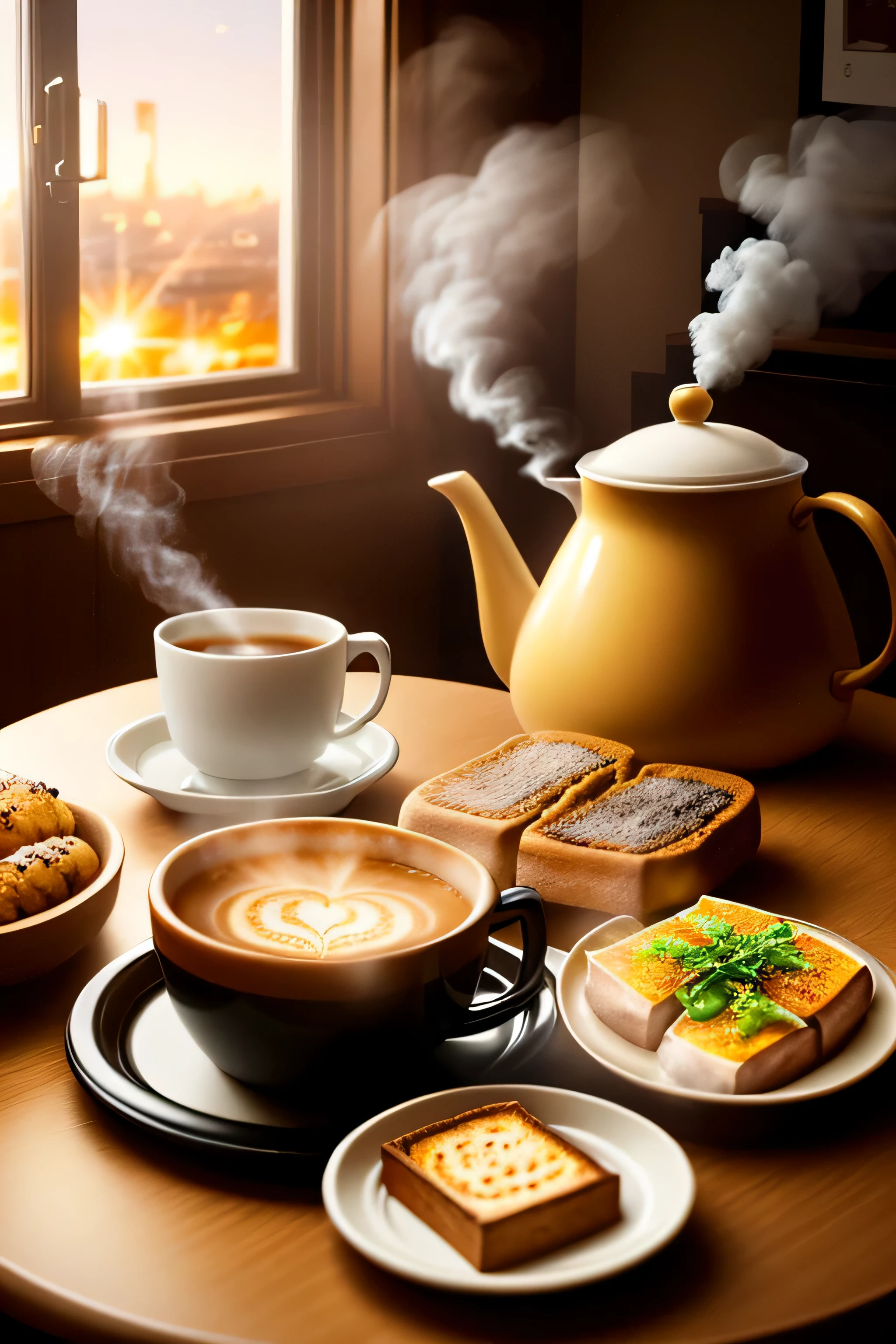 toast、Smoky Hot Coffee、Lavish breakfast , pixar style , golden hour light,warm colors