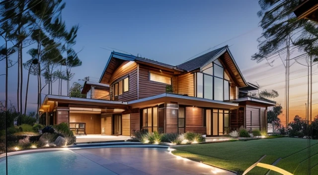(best quality,4k,8k,highres,masterpiece:1.2),ultra-detailed,(realistic,photorealistic,photo-realistic:1.37),Modern house,spacious and luxurious,private outdoor pool,expansive floor-to-ceiling windows,clean and minimalist design,Eames Lounge Chair and Ottoman,swimming pool surrounded by lush greenery,floating staircase with glass railing,open-concept living area with panoramic views,modern kitchen with state-of-the-art appliances,seamless integration of indoor and outdoor spaces,breathtaking sunset view over the horizon,contemporary art pieces displayed throughout the house,abundance of natural light,high-tech home automation system,scenic rooftop terrace with a stylish lounge area,private home theater with plush seating,zen garden with a peaceful water feature,meticulously landscaped backyard with a cozy fire pit,smart design elements for optimal energy efficiency,vibrant color accents adding a pop of personality.