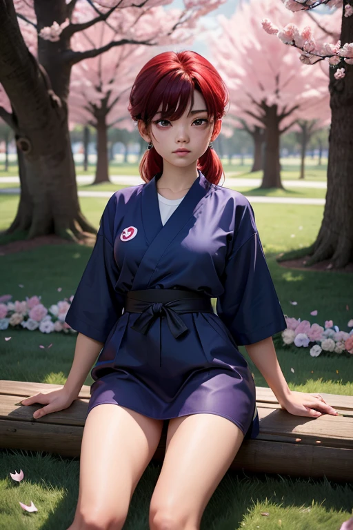 Imagina a Ranma-chan en un momento de calma en medio de un campo de cerezos en flor.. ella esta en su forma femenina, con su largo cabello rojo que fluye atrapando la suave brisa. His eyes express a mix of determination and serenity as he prepares for a martial arts training session.... Cherry petals dance around., creando un suave, Ethereal environment.
