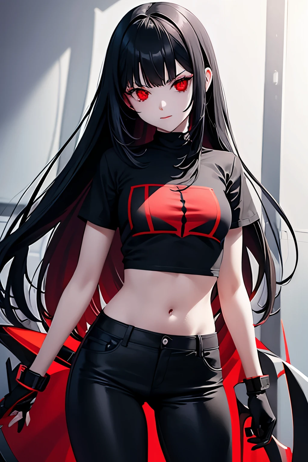 a picture of a vampire girl with red eyes and black hair with a robotical arm wearing a red t-shirt and long black pants with white stripes having a red long sword.