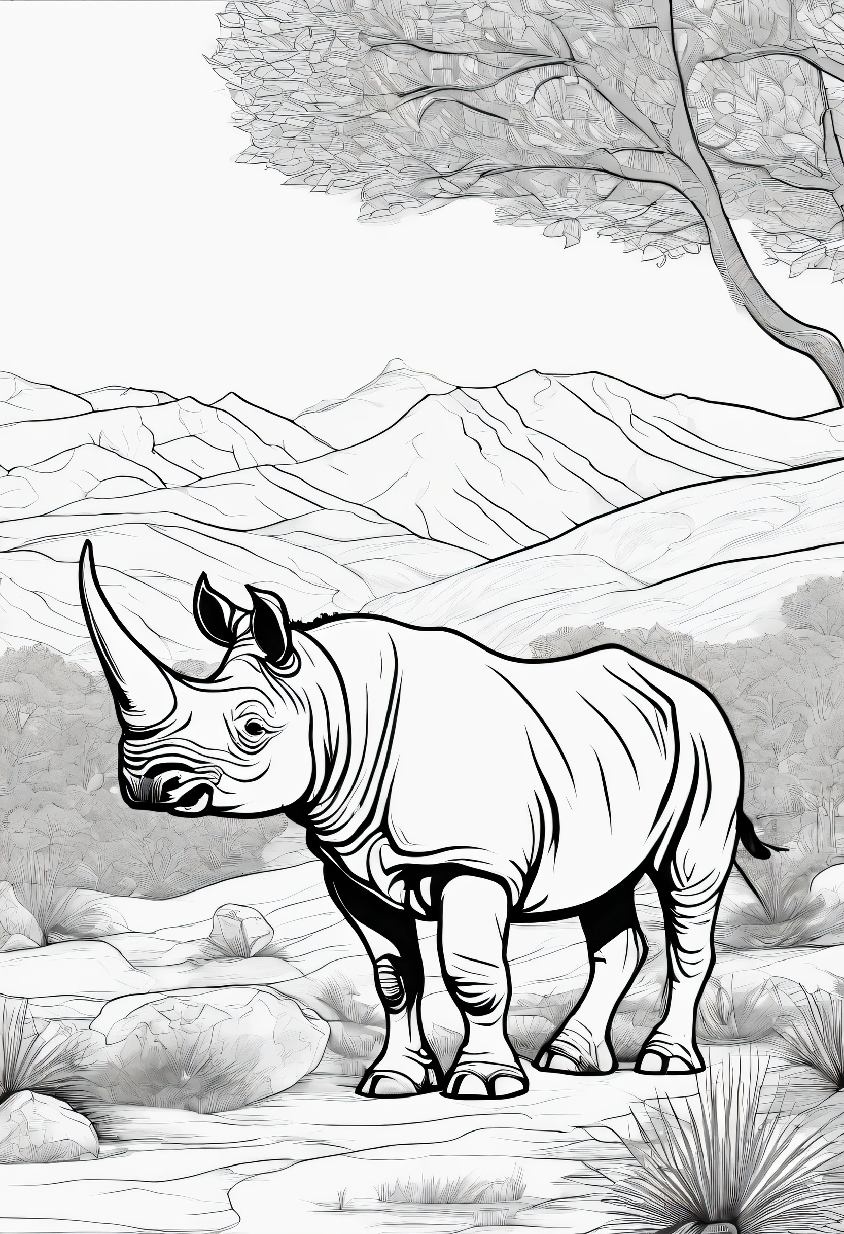 coloring book black and white rhinoceros flat terrain wilderness small bushes and rock no greyscale no shading