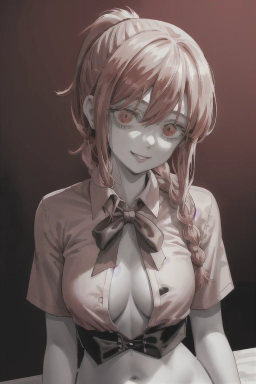 One girl,chest,hand (Chainsaw Man),The eyes are round,Red background,alone,large chest,smile,View your viewers,belly button,Braidinged ponytail,Braiding,Red eyes,Room Background,No bra,bangs,Underbust,Grin,Upper Body,Long Hair,Side Lock,Stomach,Lips parted,Looking up,spot color,formal,Red Theme,handを挙げる、Spread your legs、Sex