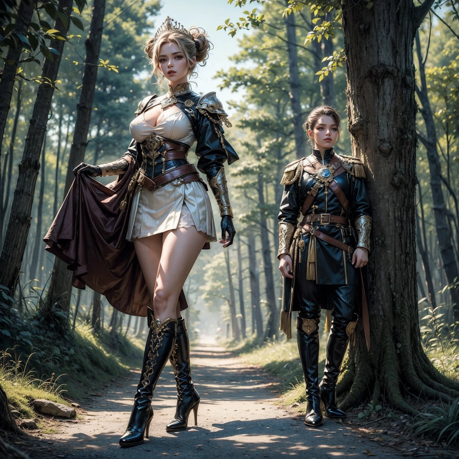 (A tall girl with long legs and slender body), (standing pose), (body facing to the viewer), (centered image), (short hair), (tutututu), (high heel boots:1.3),full big breasts,big round breasts, (1 girl), (solo), (sexy body), (black updo:1.2), (steel armor:1.1) royalty ornate (embroidery:0.5), skinny (Gorget Plackart pauldron :1.3), (black gloves), (white lace stockings), (mini skirt with green colors), (masterpiece:1.5) (illustration:1.1) (best quality:1.5) (extremely detailed) (intricate) (8k) (HDR) (cinematic lighting) (bright lighting) (sharp focus), standing, outdoors, grassland, forest in background, perfect lighting, smooth, hdr